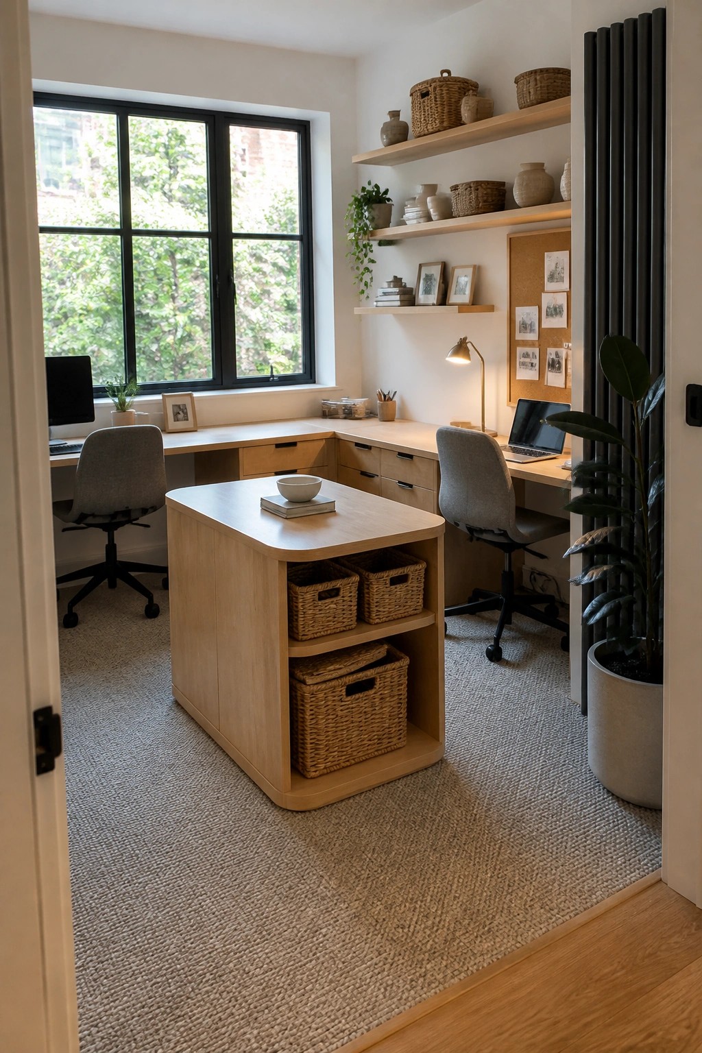 Light-filled home office with wooden desks, gray chairs, shelves, and woven rug.