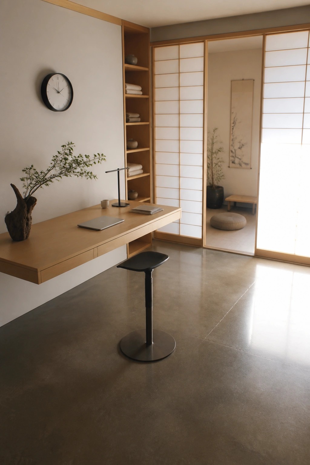 A minimalist interior shows a long floating wooden desk against a white wall with a black adjustable stool in front, built-in shelves above, a wall clock, and shoji screens on the right.