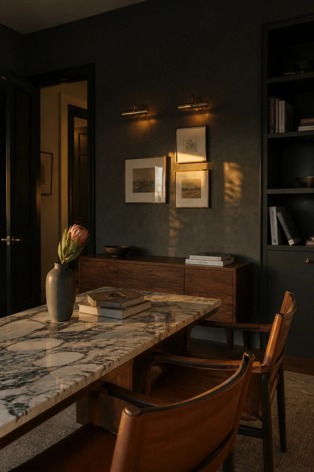 A home office with a large marble-topped table, two leather chairs, a wooden sideboard holding books and a bowl, framed art on the wall, and two wall sconces.
