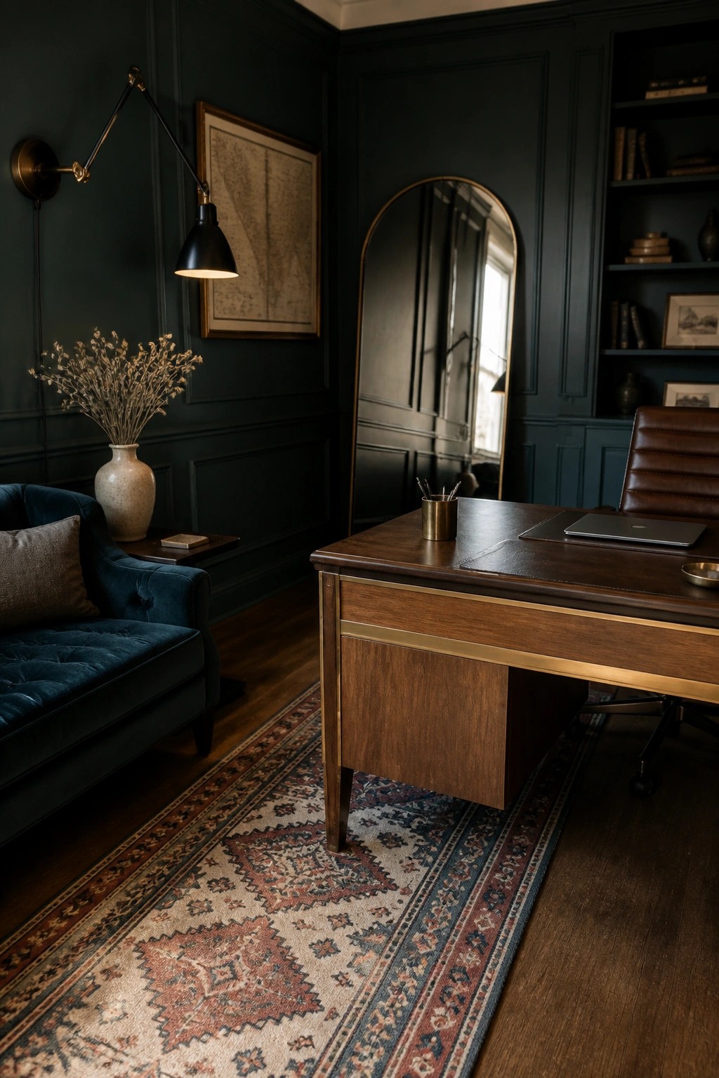 A home office with a wooden desk, brown leather chair, blue velvet sofa, large patterned rug, and dark green walls with an arched mirror.