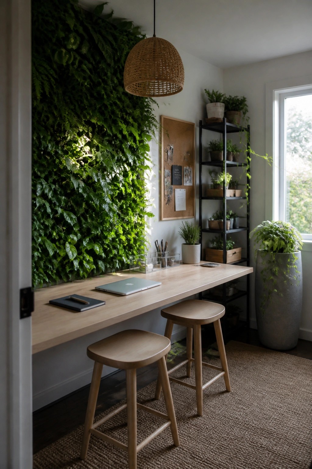 A home office with a long wooden desk and two stools set against a large living green wall, with a woven pendant light above and a black plant shelf to the side.