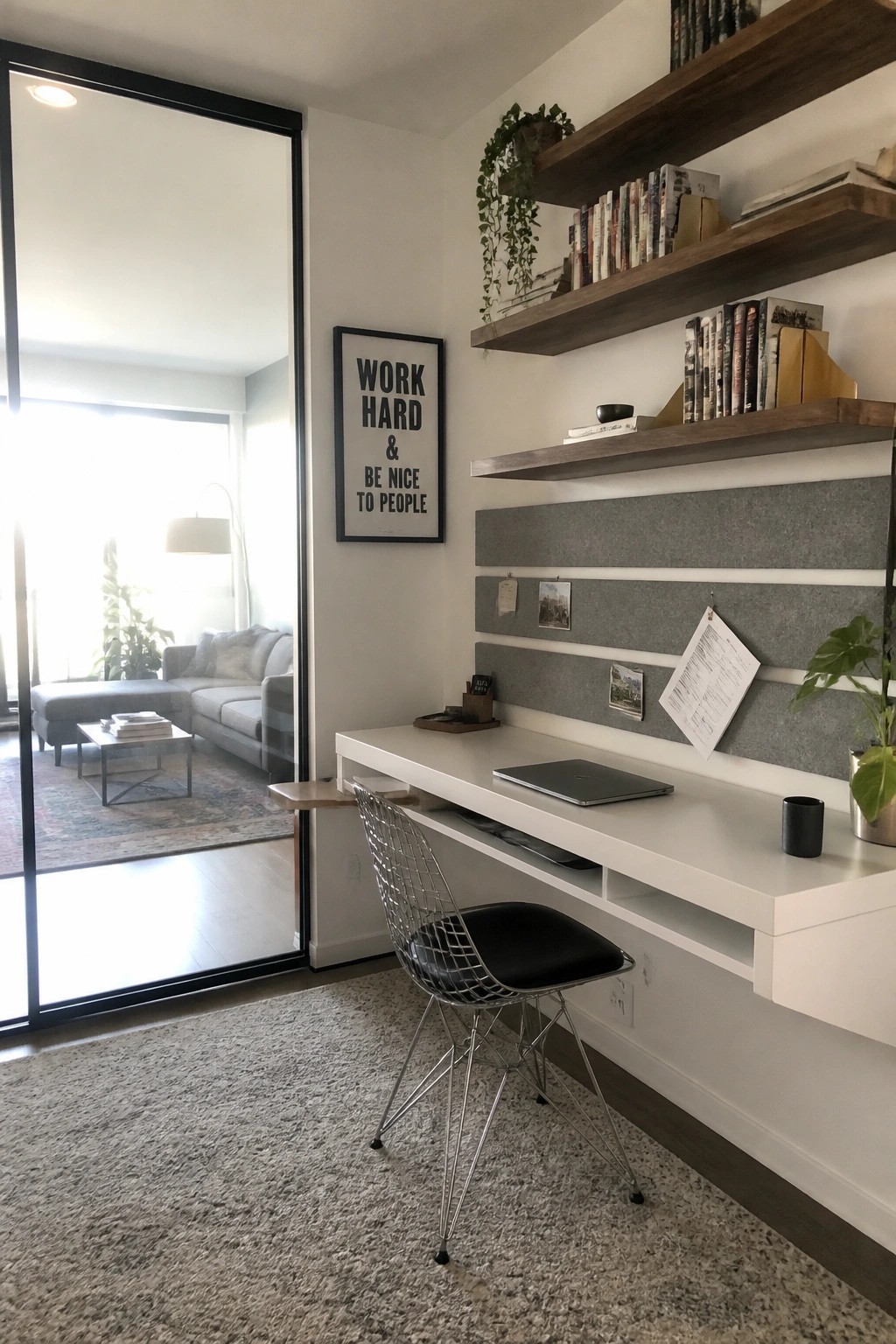 A white floating desk with a wire chair sits below wooden shelves and a gray felt wall panel in a home office.