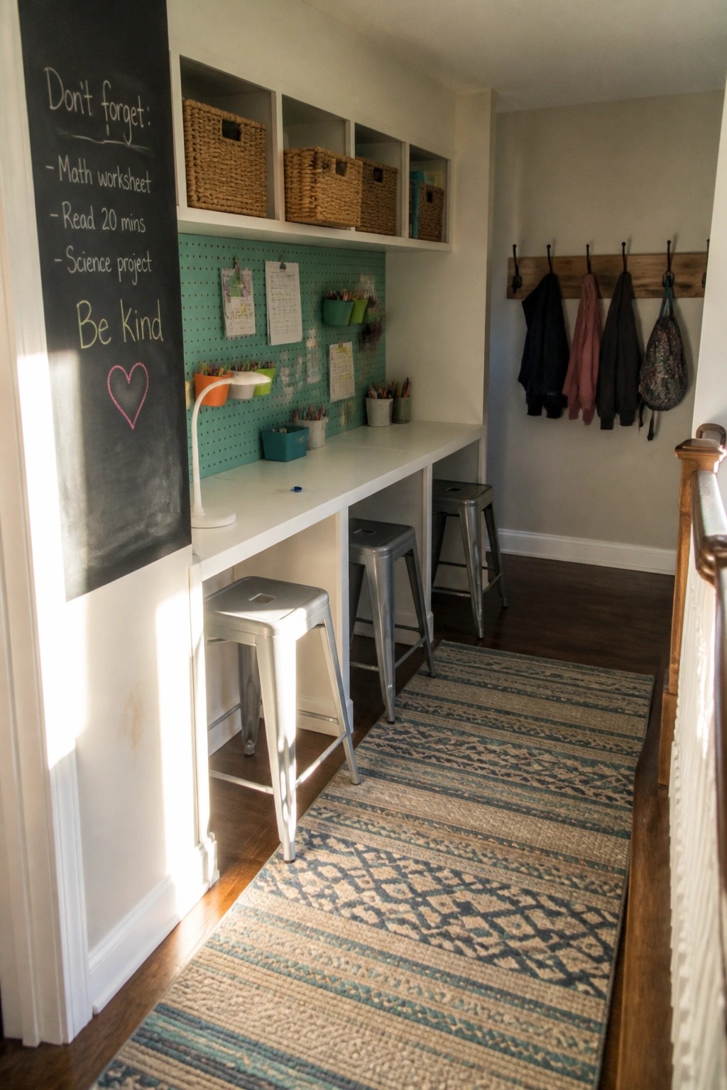 A long white built-in desk with metal stools, green pegboard, open shelves with baskets, chalkboard, and striped runner in a home interior.