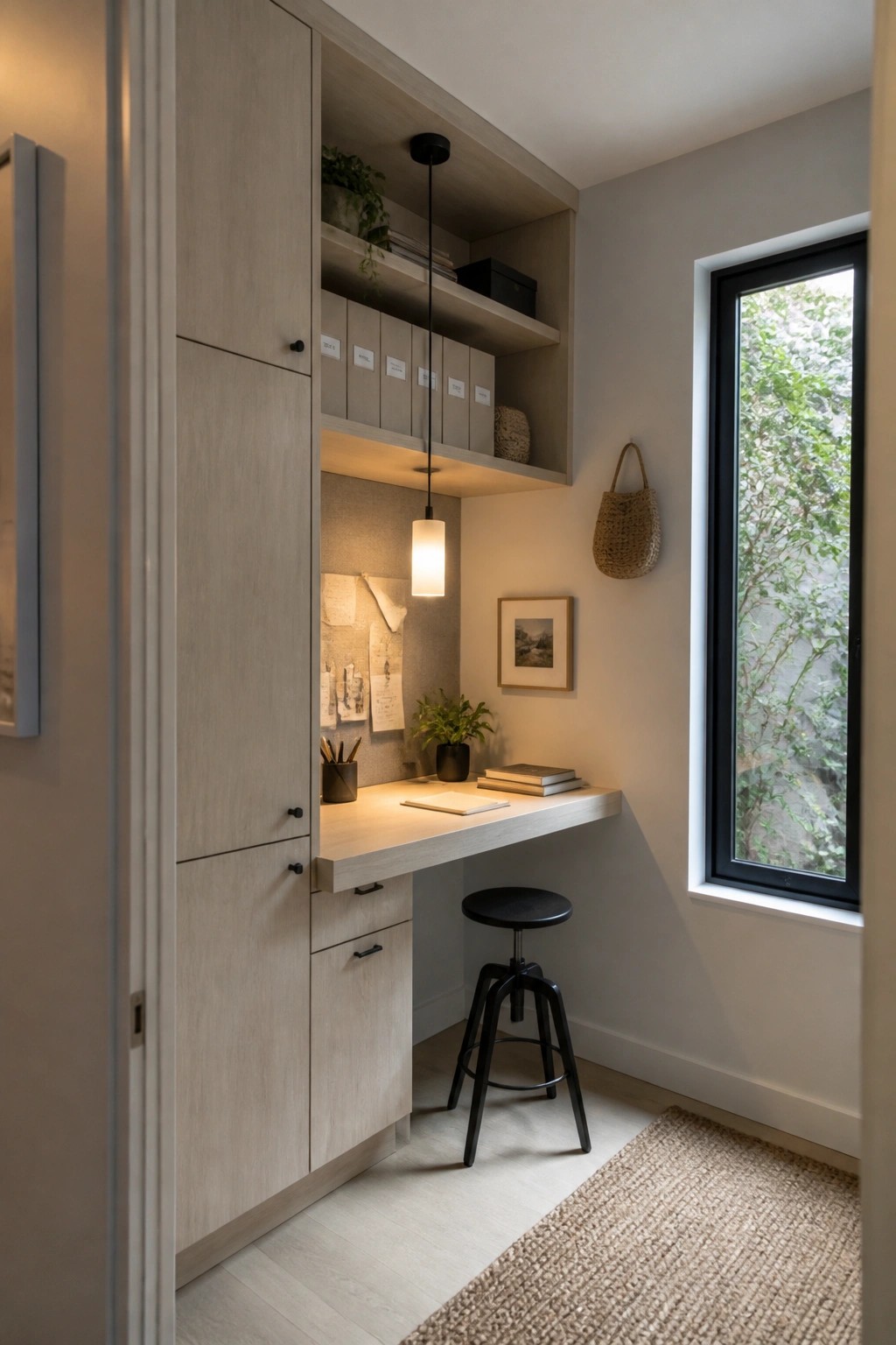 A compact built-in desk nook with light wood cabinetry, open shelves above, a black stool, and a pendant light next to a window.