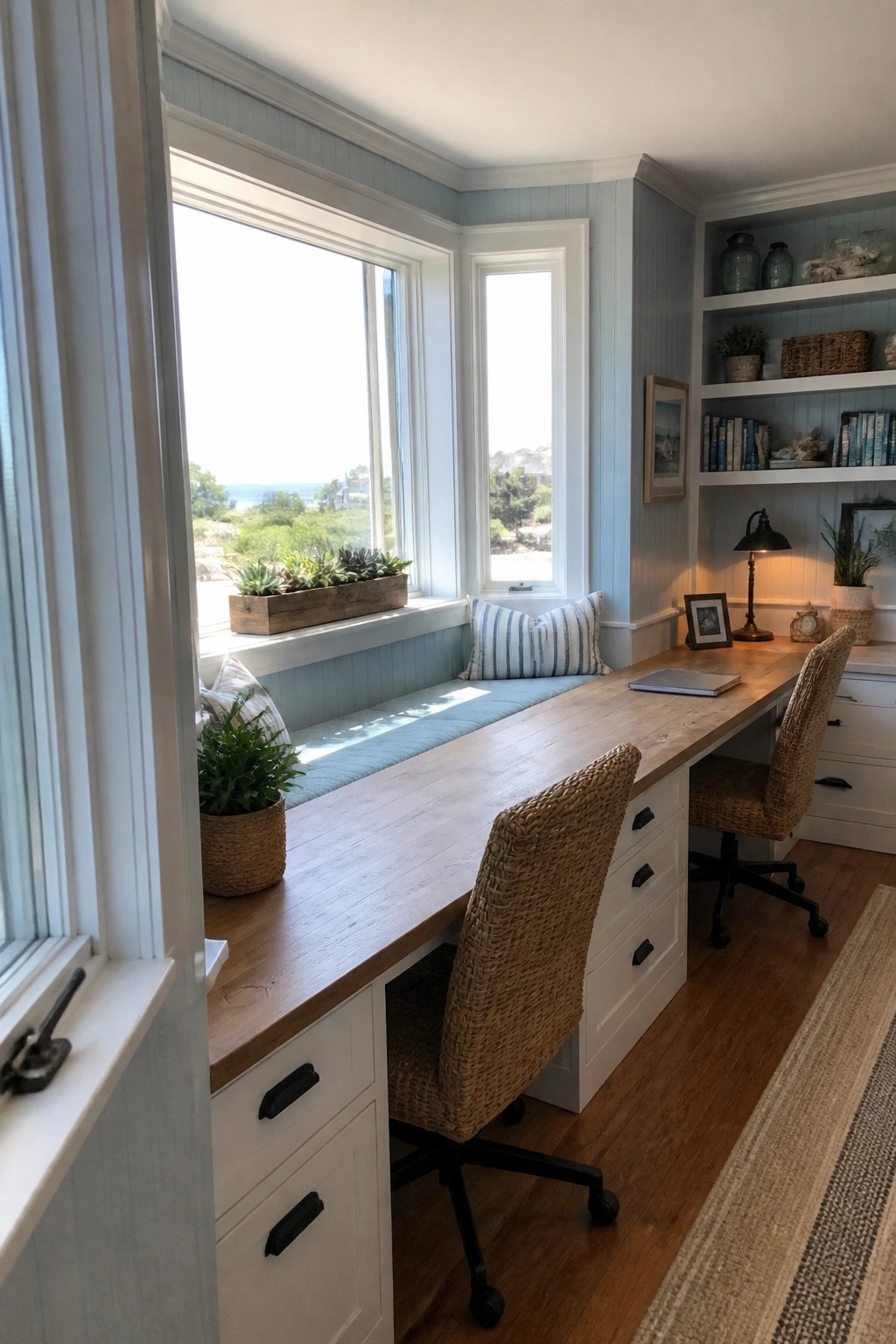 A long wooden desk with white cabinet storage runs beneath large windows in a light blue office, with two woven chairs and built-in shelves visible on the right.