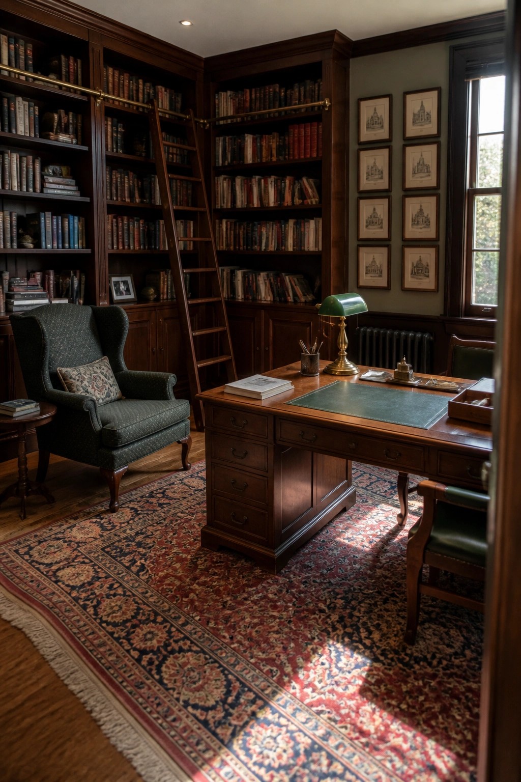 A traditional home office with floor-to-ceiling dark wood bookshelves, a rolling wooden ladder, a large wooden desk with a green desk pad, and a patterned wingback chair on a red oriental rug.