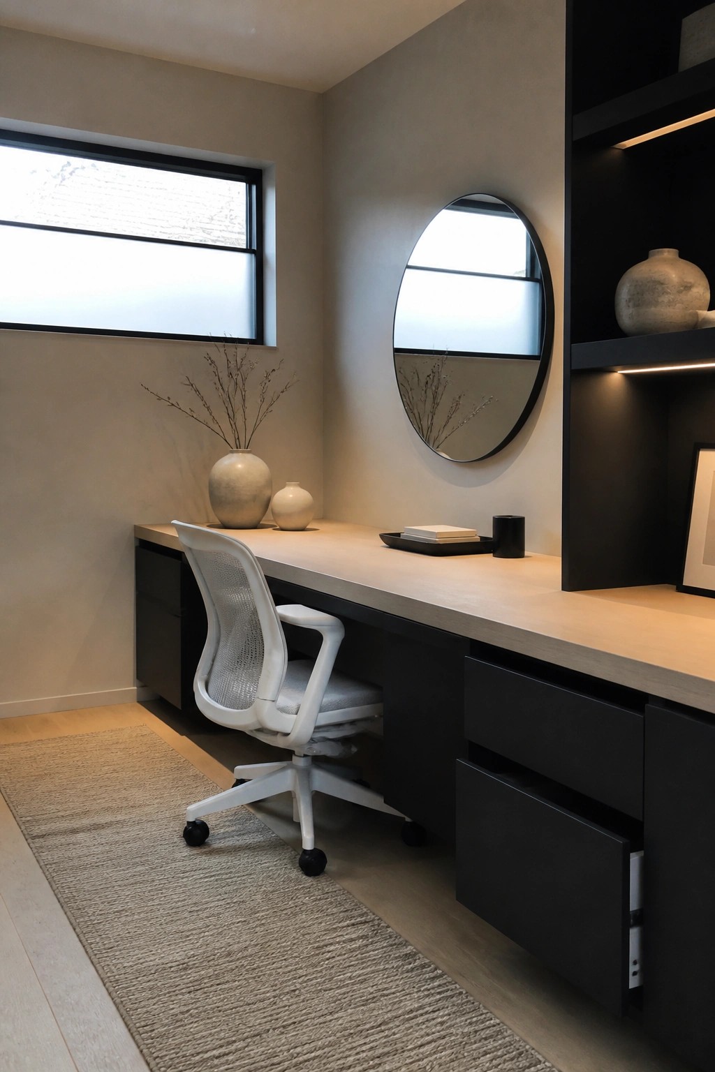 A home office featuring a long light wood desk with black integrated drawers and cabinets below, a white mesh office chair, and a round black-framed mirror on the wall.