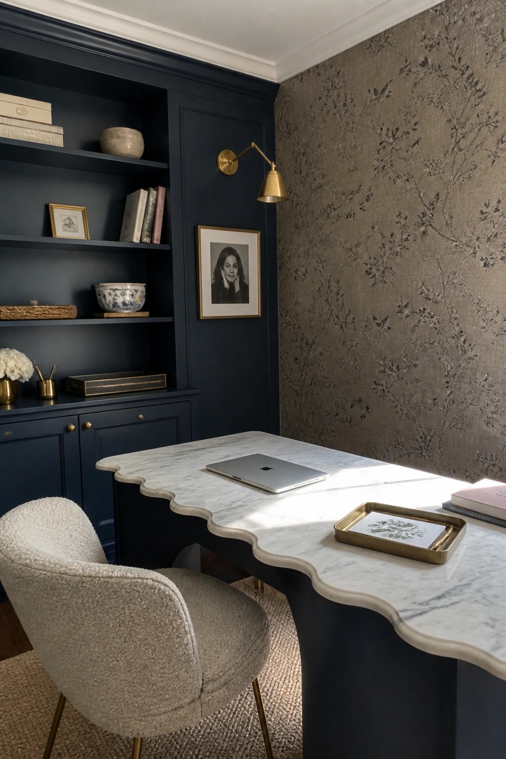 Elegant navy office with marble desk, leather chair, bouclé seat, and built-in bookshelves.