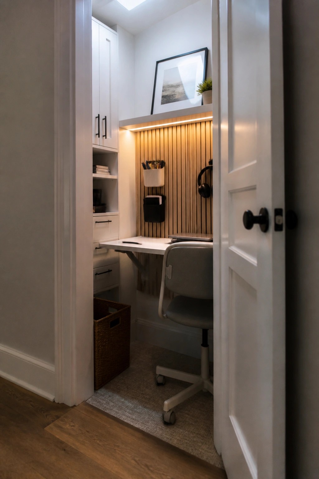 A narrow home office nook inside a white closet with a fold-down desk, gray rolling chair, wooden slat accent wall, overhead cabinets, and a woven basket on the floor.