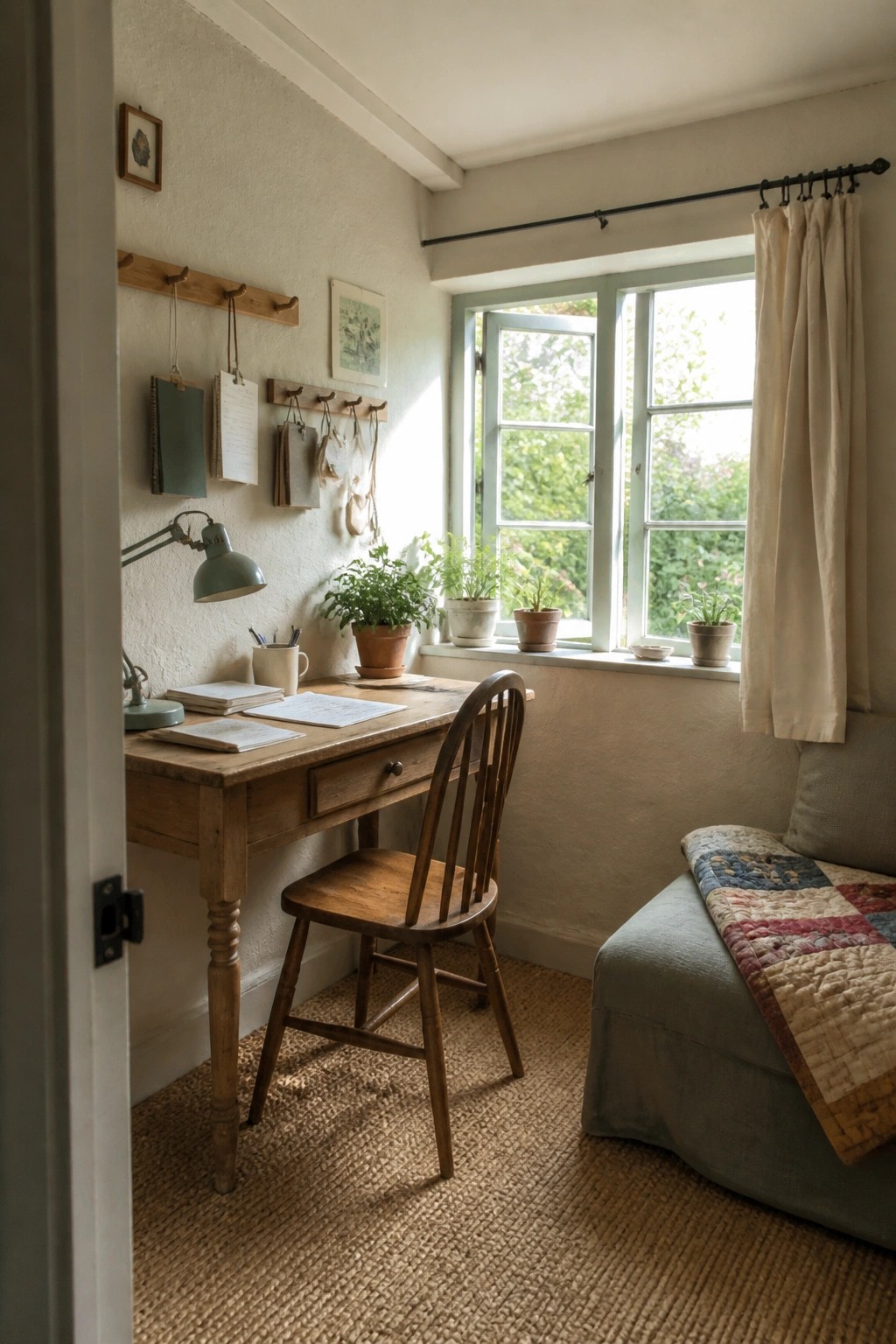 A wooden desk with a chair sits under a window in a small room, with potted plants on the sill and a cushioned bench along the right wall.