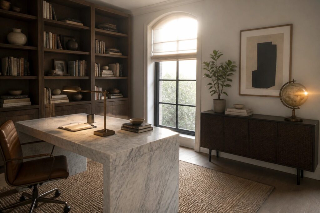 A home office with a large white marble desk on a woven rug, a brown leather office chair, built-in wooden bookshelves, and an arched window with a view outside.