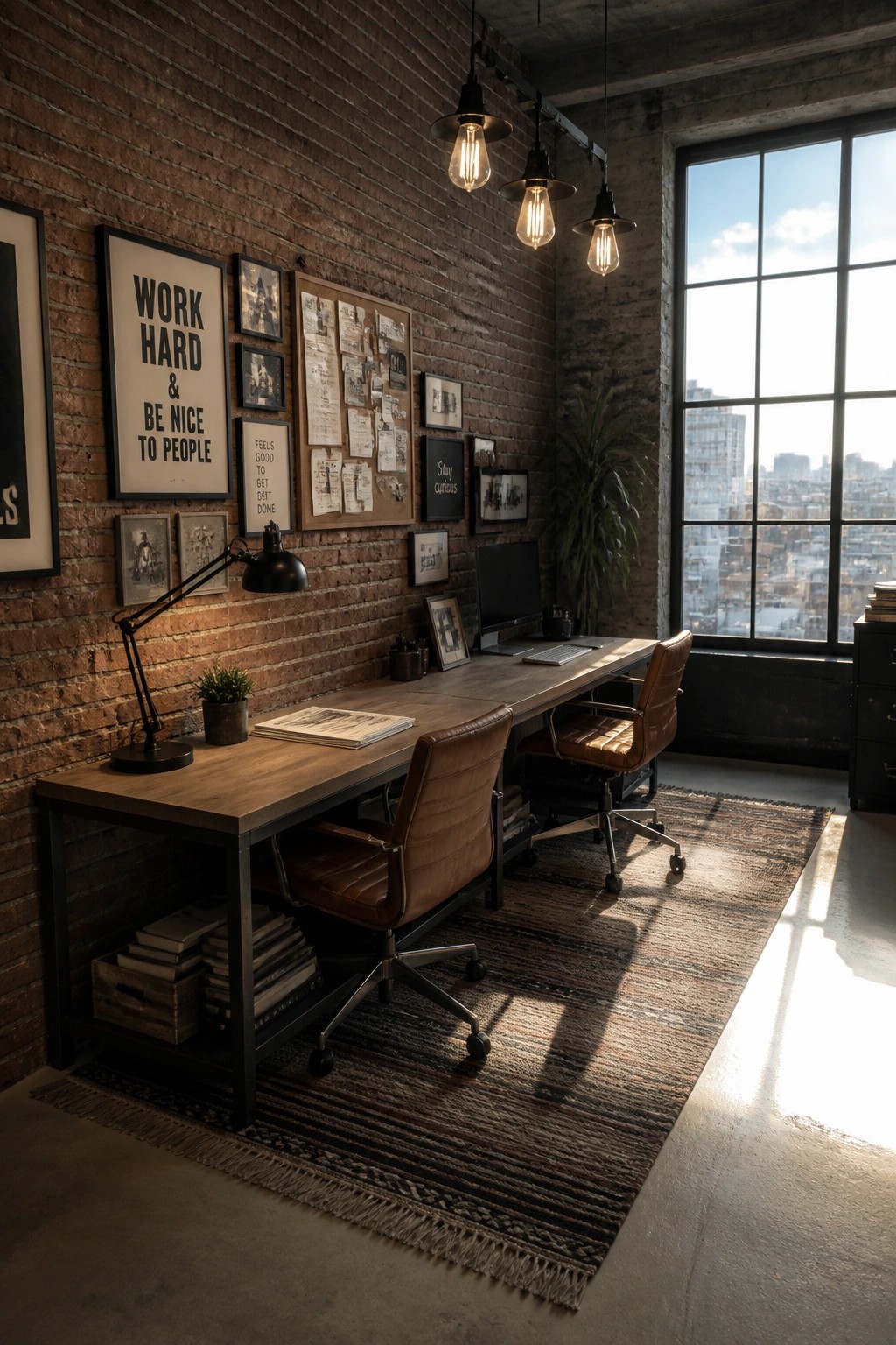 A home office featuring a long wooden desk with two brown leather swivel chairs, set against a brick wall with framed prints and a corkboard, next to a large window.