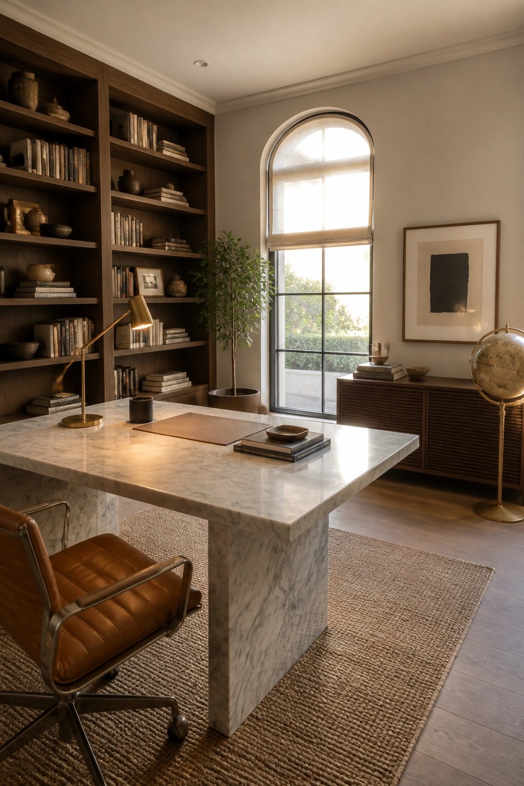 A home office with a large white marble desk on a woven rug, a brown leather office chair, built-in wooden bookshelves, and an arched window with a view outside.
