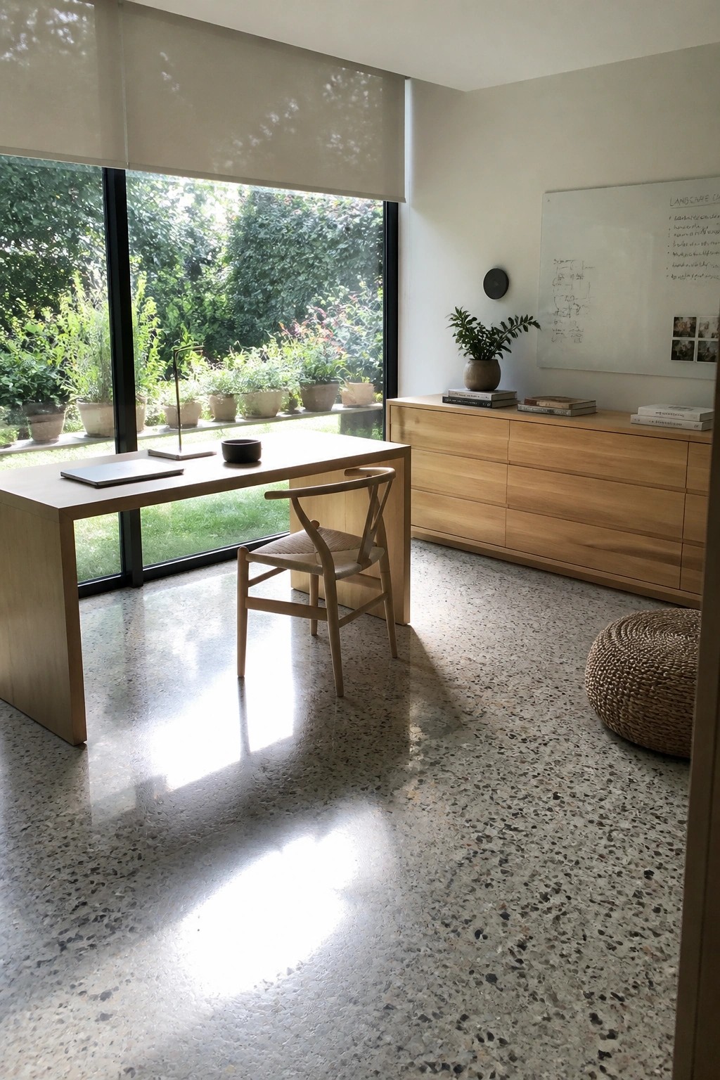Bright minimalist workspace with light wood desk, woven chair, and garden window view