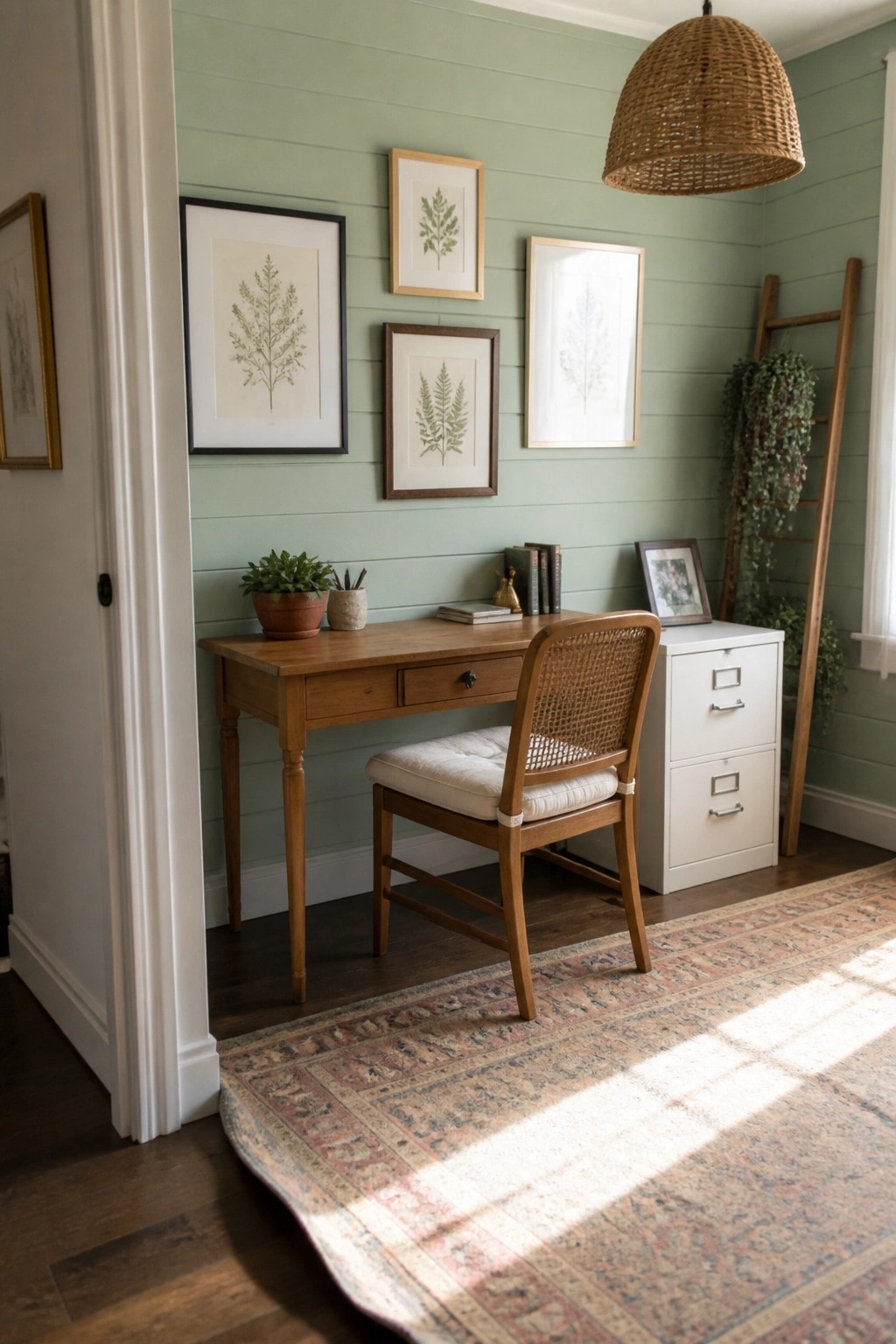 A home office features a wooden desk with a cane-back chair, a white filing cabinet, and multiple framed botanical prints arranged on soft green shiplap walls.
