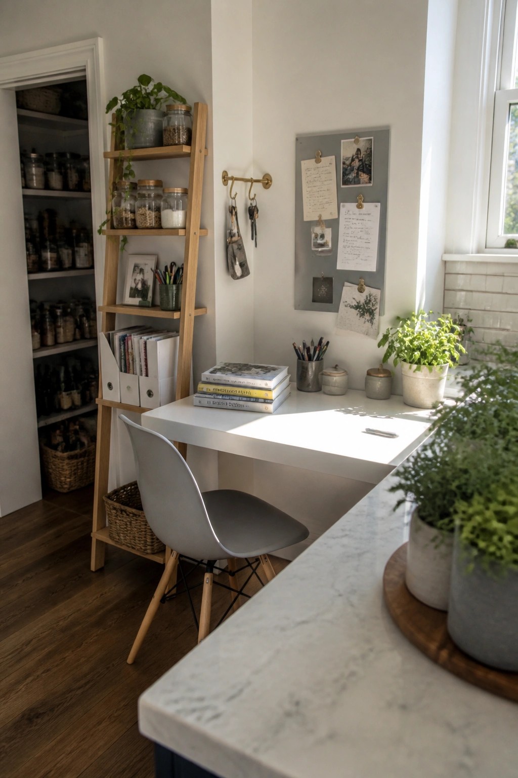 A compact white desk with a gray molded chair is positioned in a corner beside a wooden leaning ladder shelf holding jars, books, and small items, with a gray fabric board on the adjacent wall.