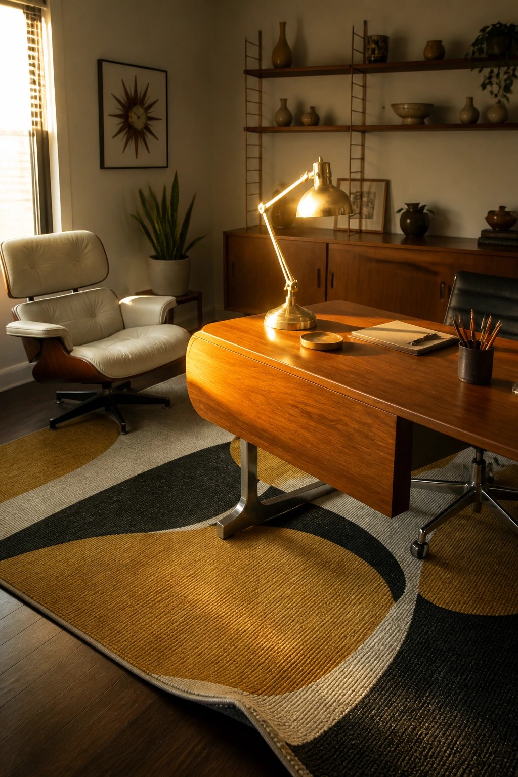 A modern home office with a wooden desk on a large abstract rug, a white lounge chair nearby, and wooden wall shelves in the background.