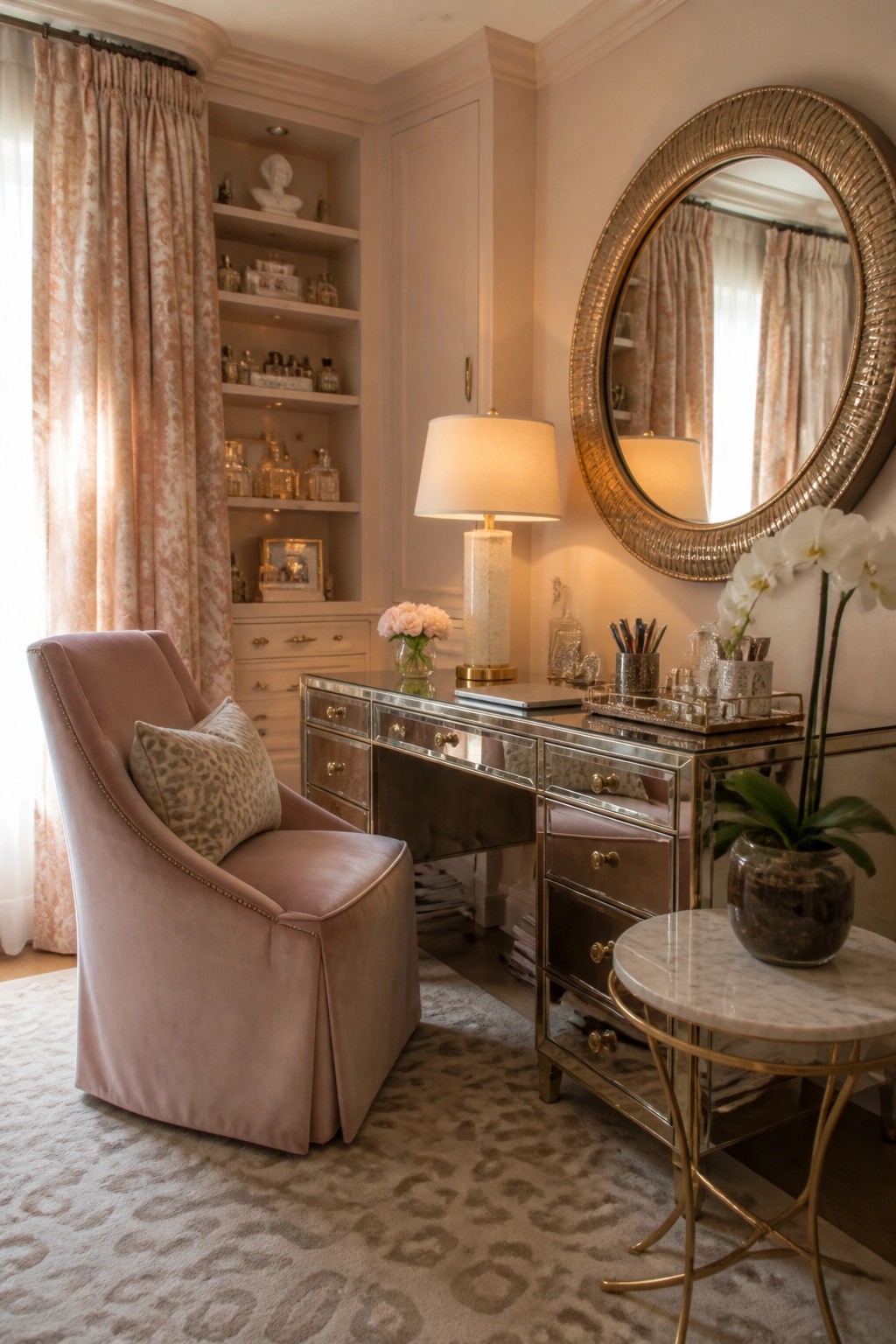 Elegant pink velvet chair beside mirrored vanity with gold round mirror and orchids