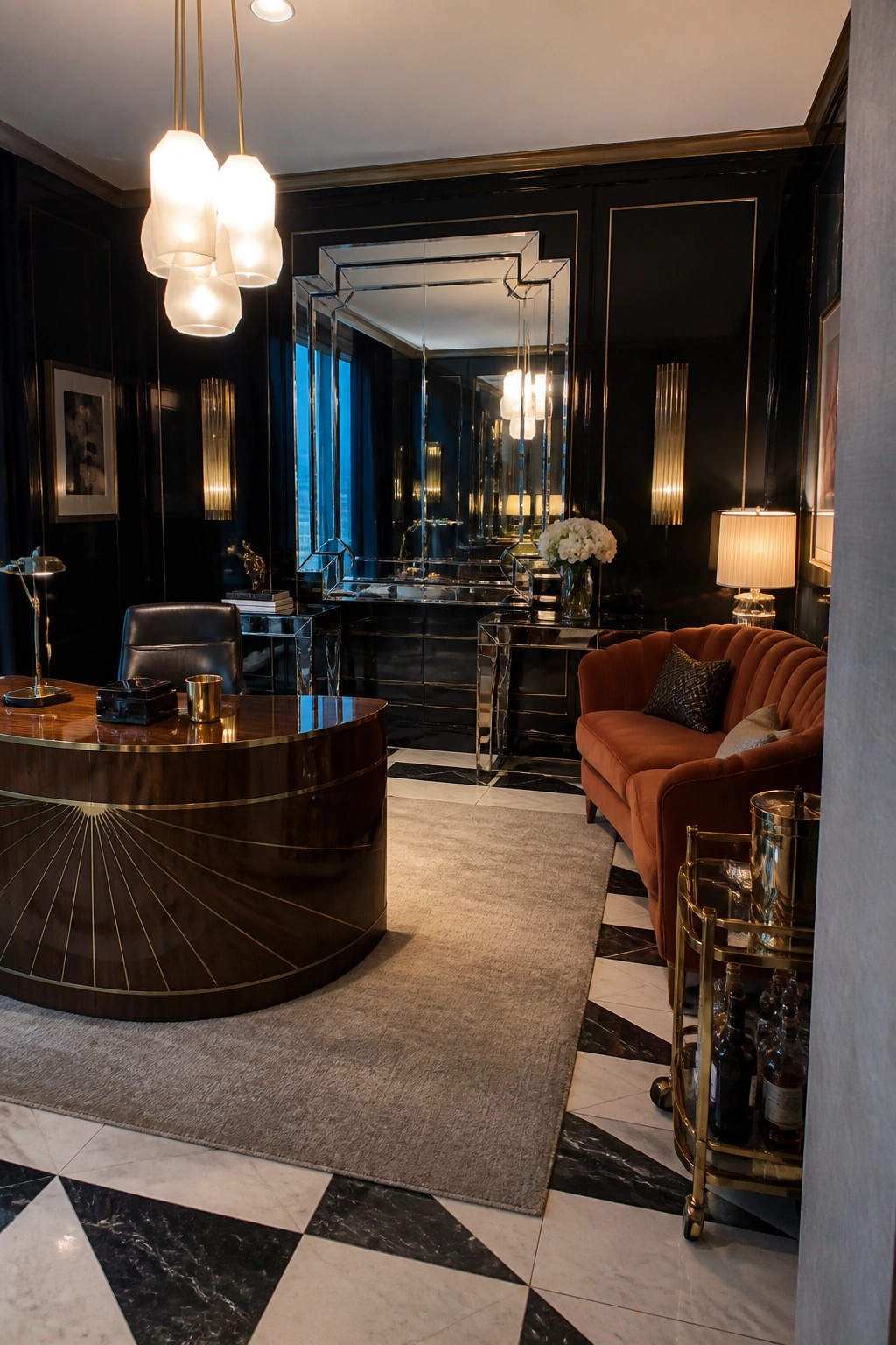 A modern office interior featuring a large curved dark wood desk with gold inlay, a black leather chair, glossy black walls, an orange velvet sofa, and a gold bar cart on marble flooring.