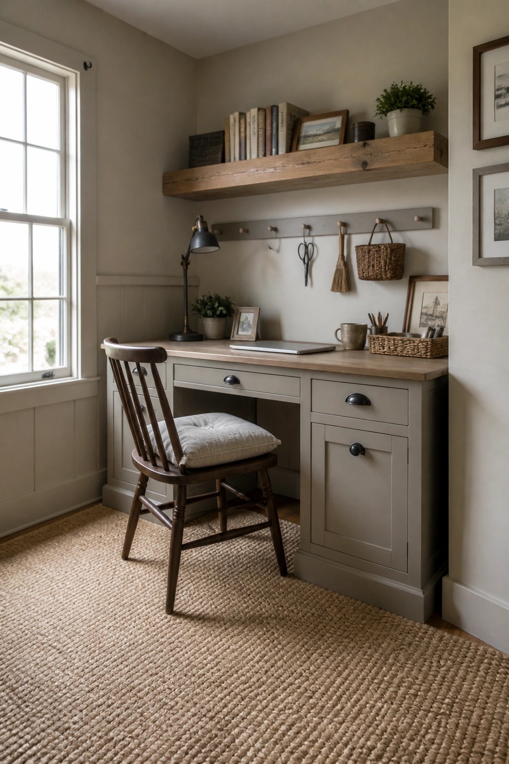 Cozy farmhouse desk nook with wooden chair, gray cabinet, floating shelf, and woven rug.