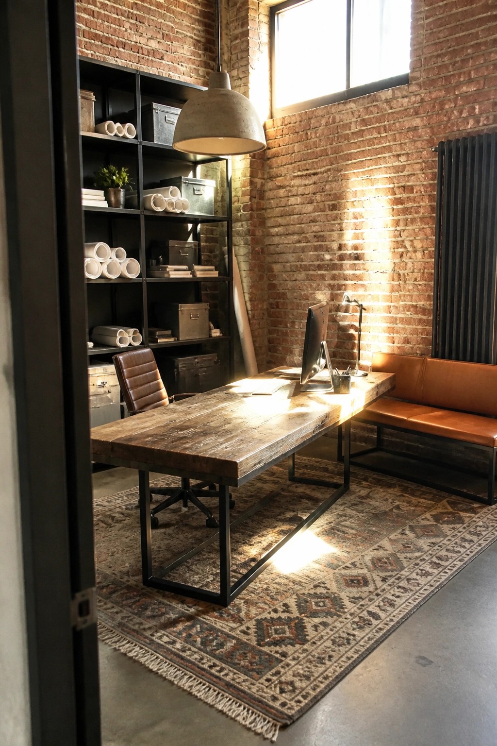 A home office featuring a large wooden desk with black metal legs on a patterned rug, set against exposed brick walls with black shelving.