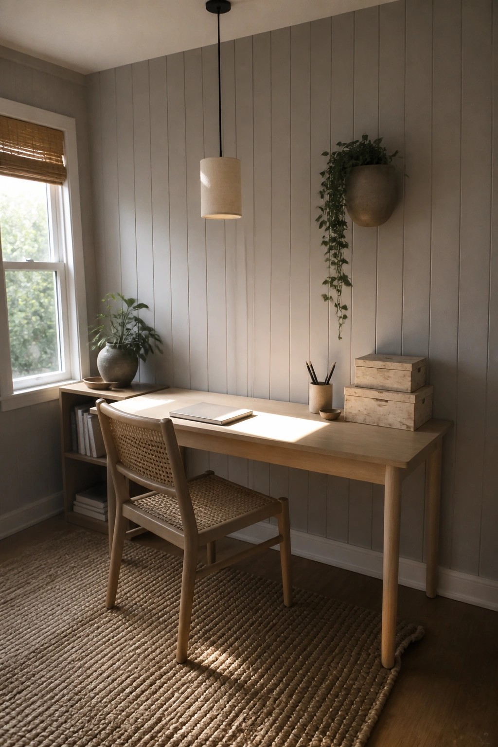 A light wood desk with a woven chair on a jute rug sits against a gray paneled wall, with open shelving holding books on the left and stacked boxes on the right.