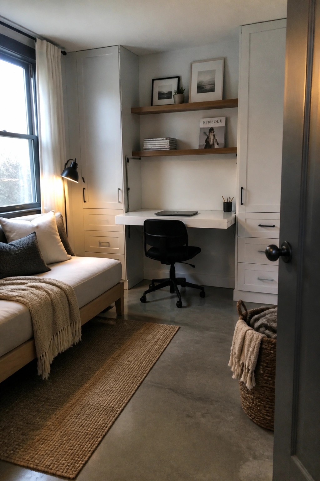 A compact room featuring a white built-in desk with surrounding cabinetry, floating wood shelves above, a black office chair, and a daybed positioned near a window.