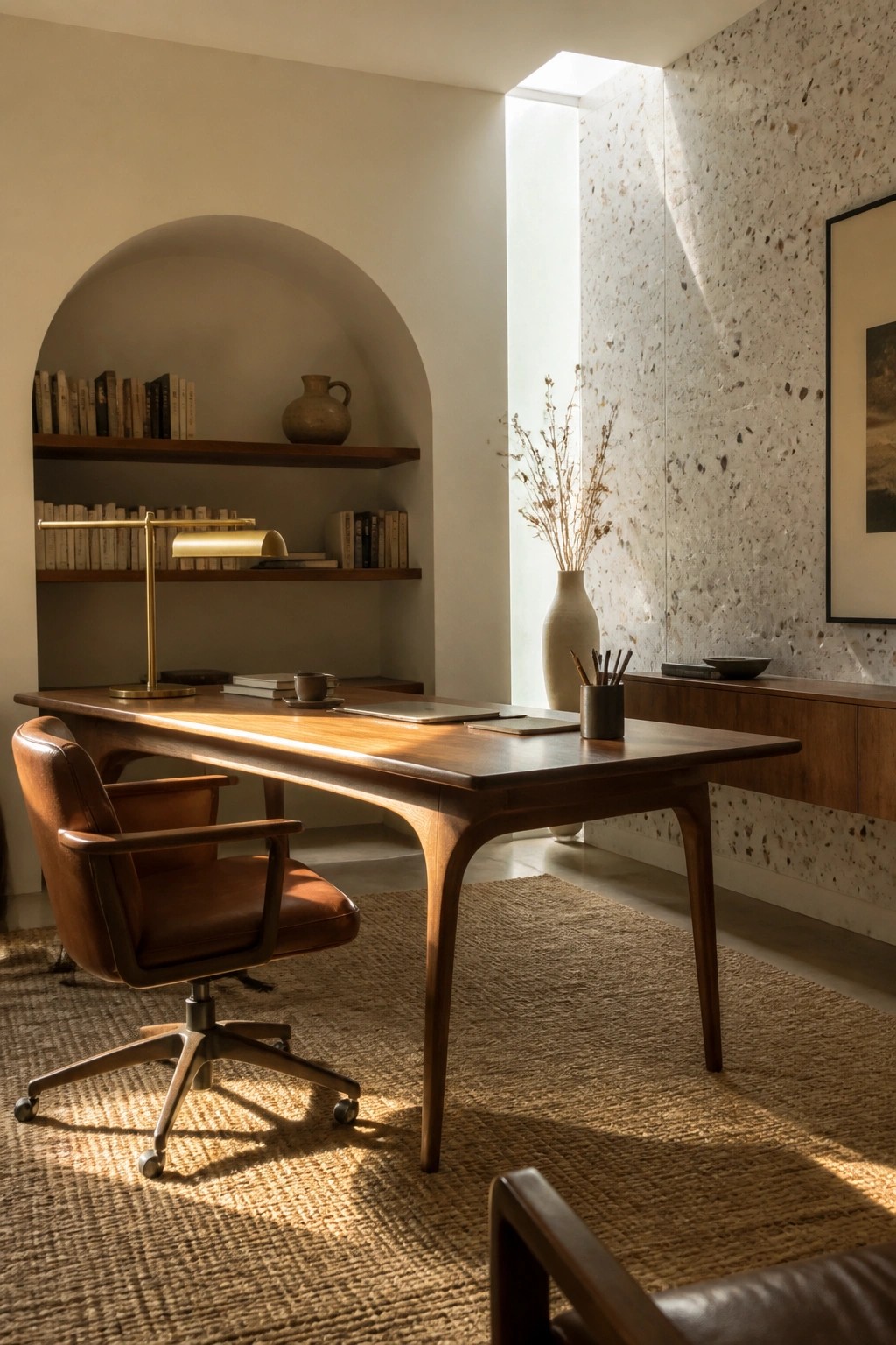 A wooden desk with a brown leather office chair sits in front of an arched alcove holding books on floating shelves, next to a large window with natural light.