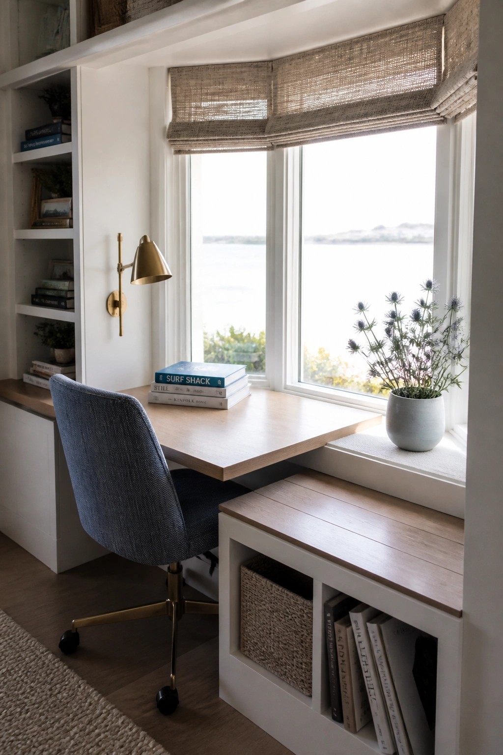 A home office features a light wood built-in desk positioned under a large window with beige roman shades, a blue upholstered office chair, white built-in shelving filled with books, and a storage bench with open cubbies holding a woven basket and books.