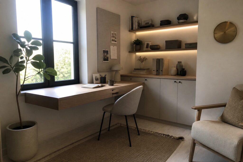 Minimalist office nook with floating desk, swivel chair, lit shelves, and window.
