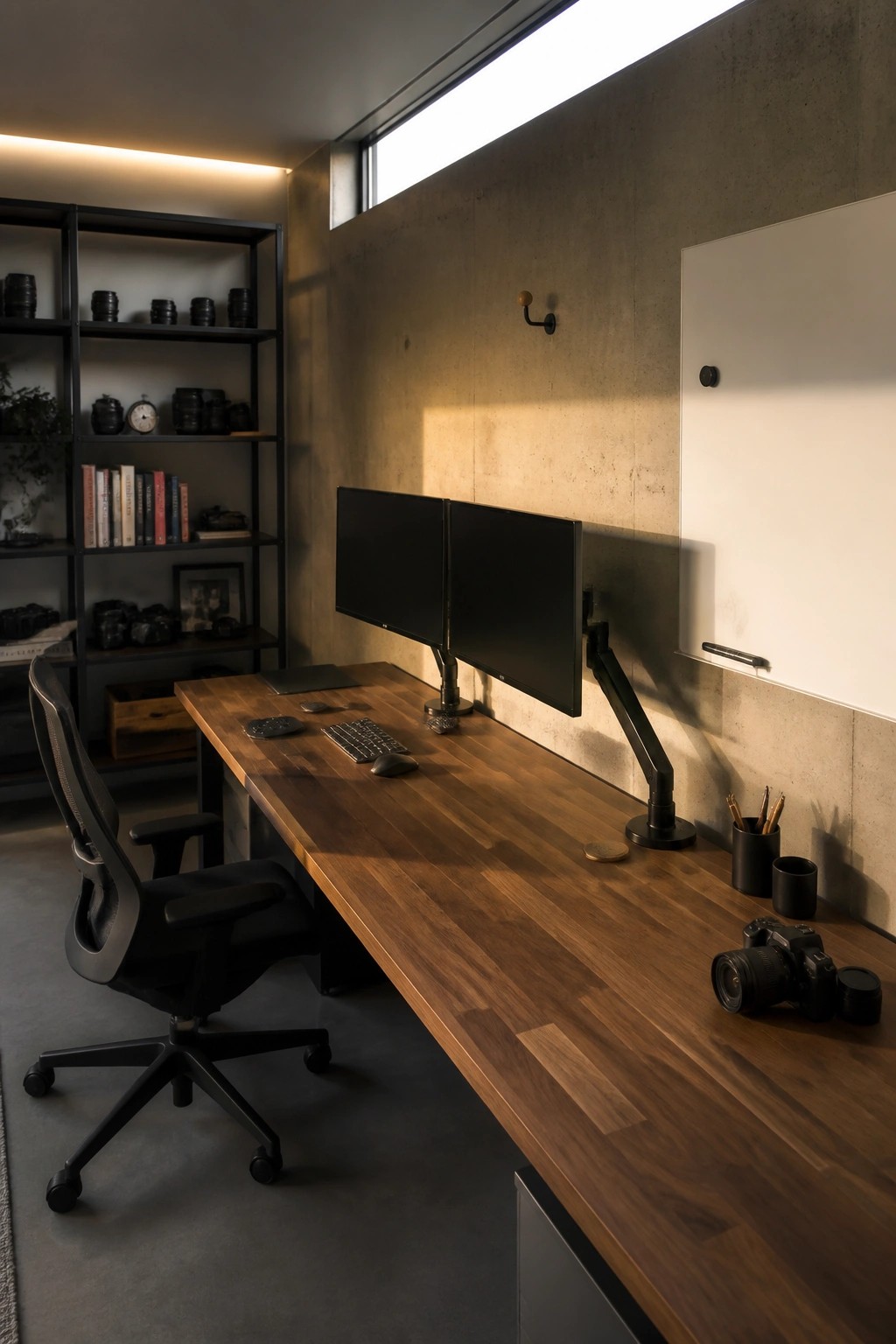 A modern home office with a long wooden desk, dual monitors on adjustable arms, a black office chair, and concrete walls.