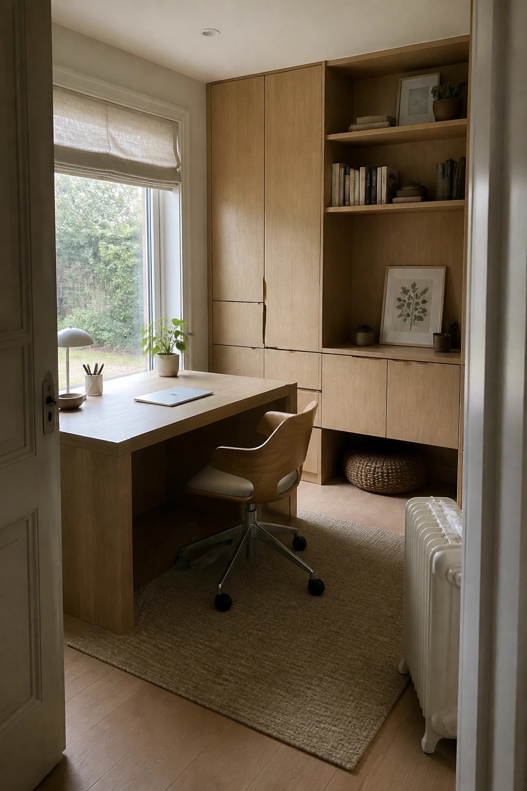 Light wood desk and chair in built-in office with bookshelves and window.