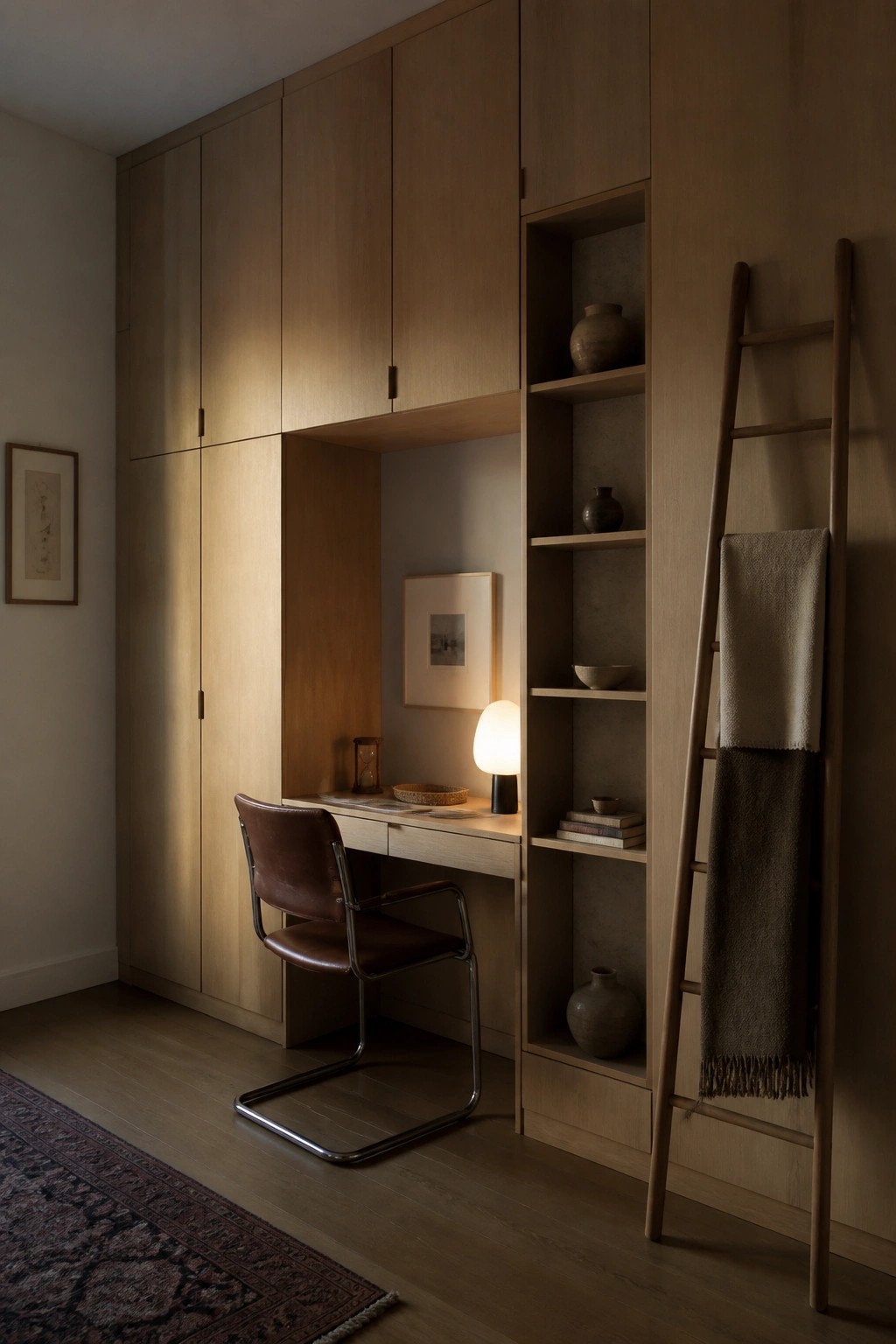 A light wood built-in cabinet and desk unit with open shelving, a brown leather chair, pottery, books, and a wooden ladder holding blankets.