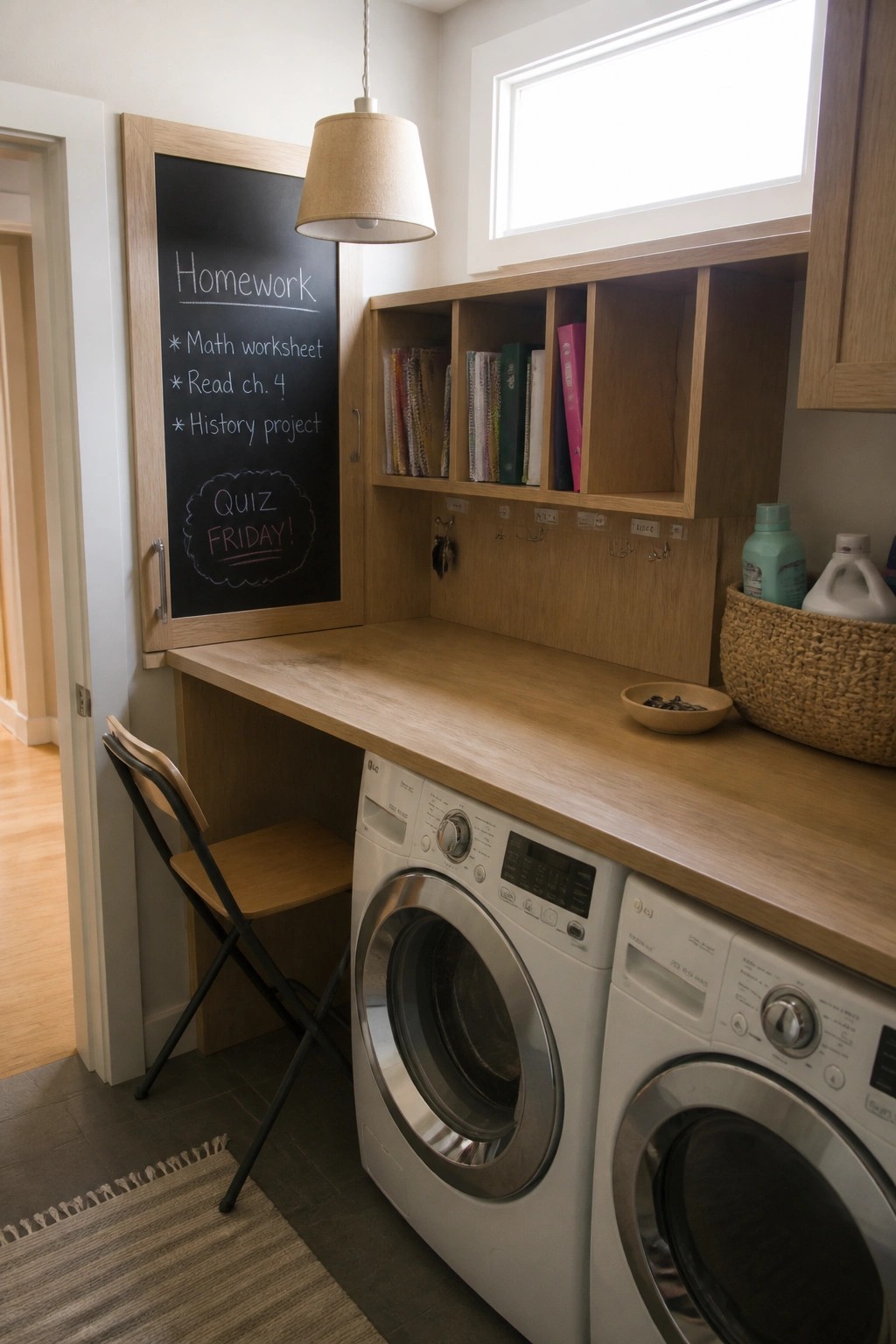 Laundry room with built-in wooden desk, chalkboard, bookshelves, washer and dryer.