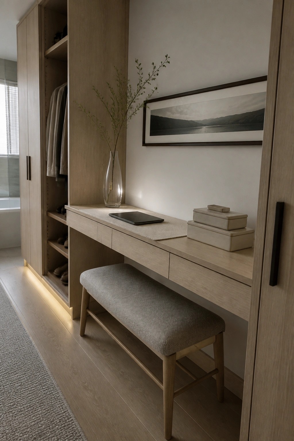 Minimalist light wood vanity with gray bench, vase, tablet, and boxes in closet