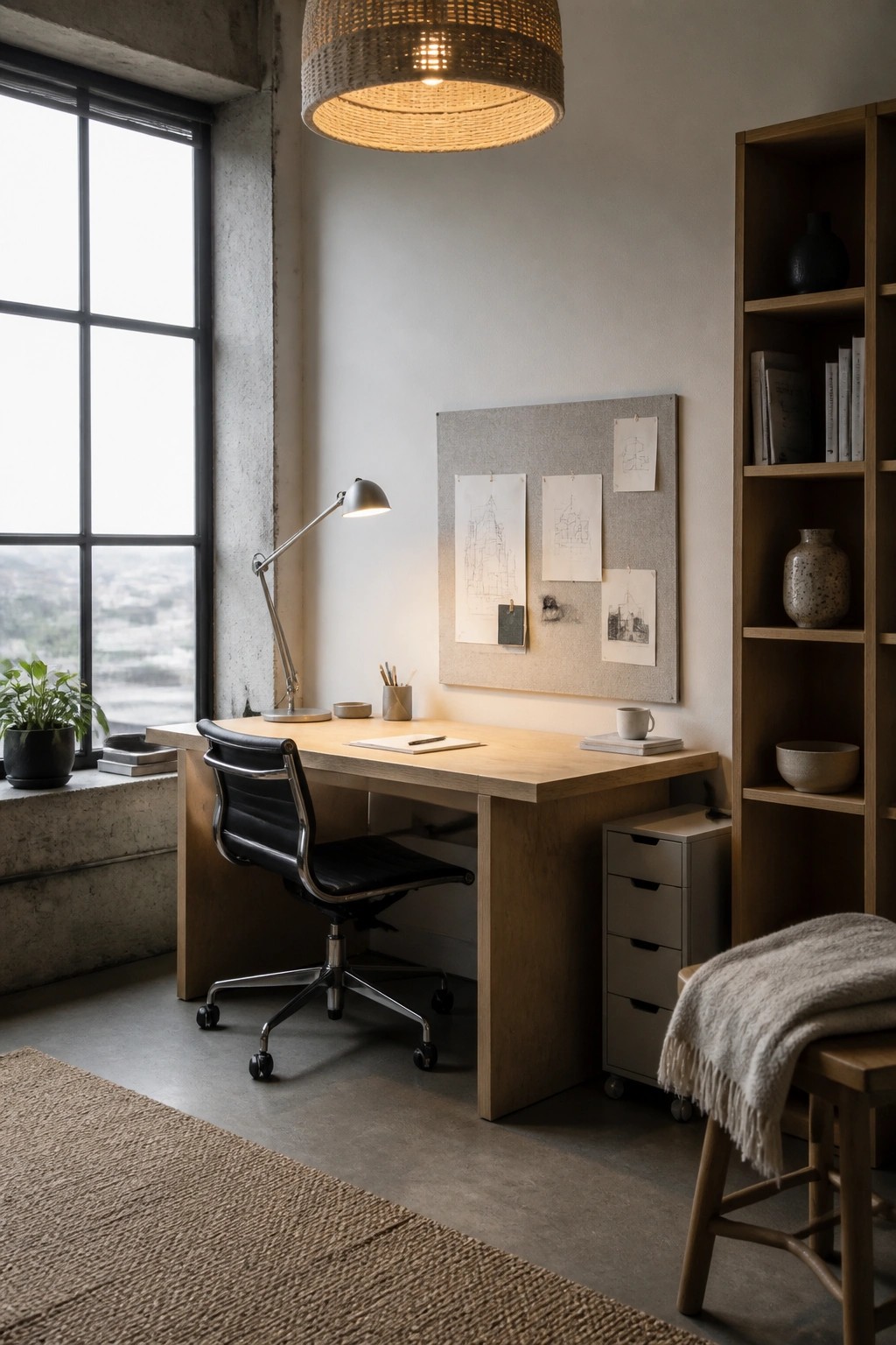 A light wood desk with a black office chair, silver desk lamp, and small accessories sits in front of a large window, with a gray filing cabinet and wooden bookshelf nearby.