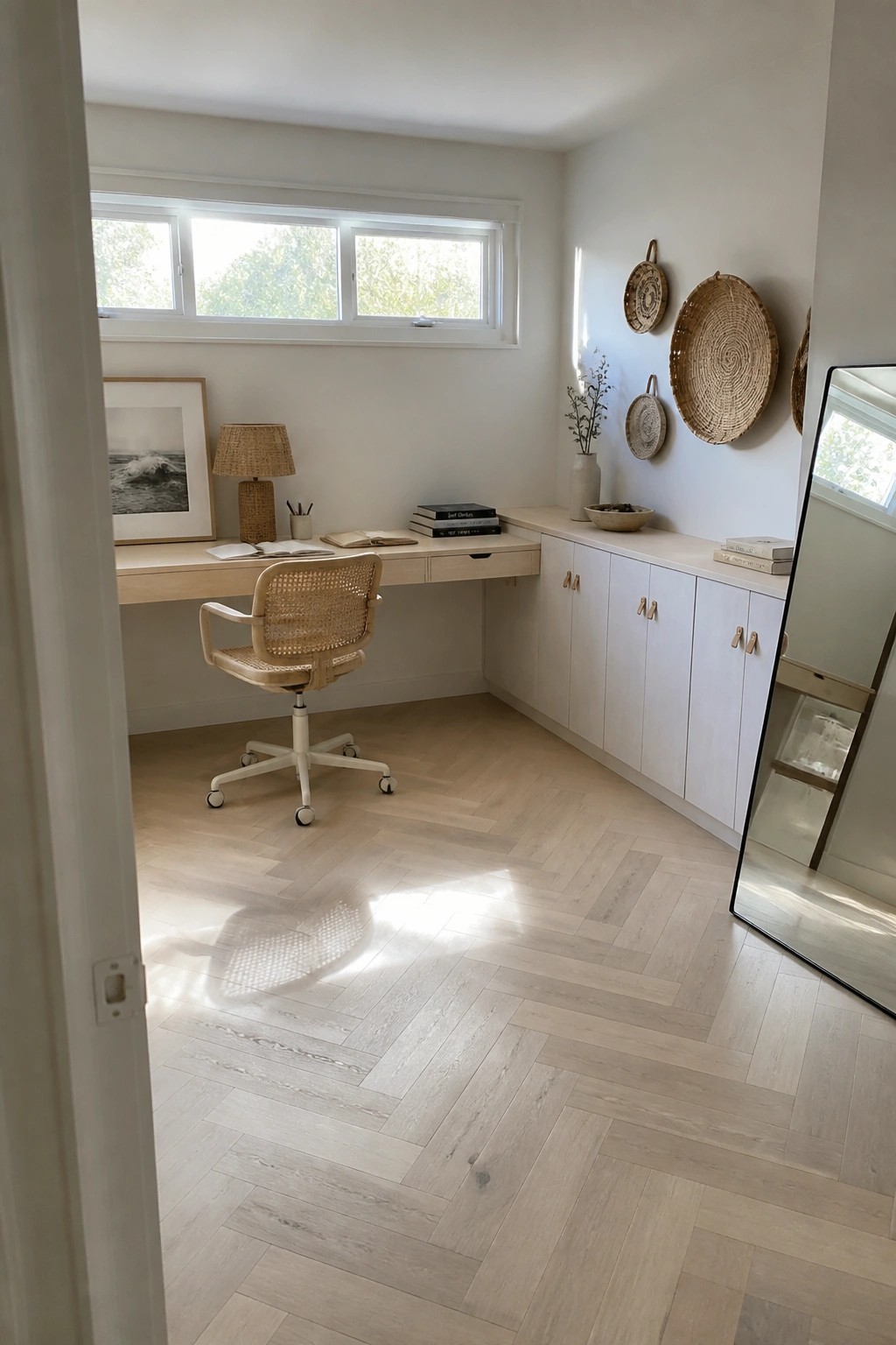 A light wood floating desk with two small drawers sits next to white cabinetry with brass handles in a room with herringbone flooring and a woven office chair.