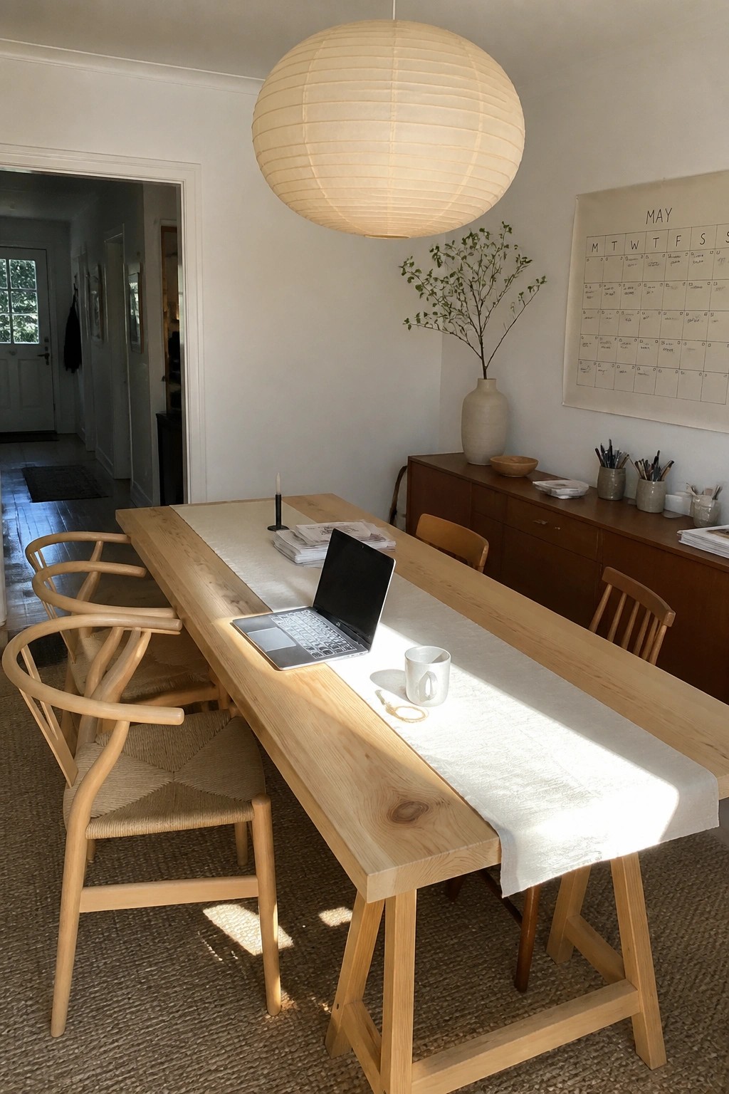 A light wood dining table with a laptop, white mug, and papers on a linen runner in a bright room with wishbone chairs.