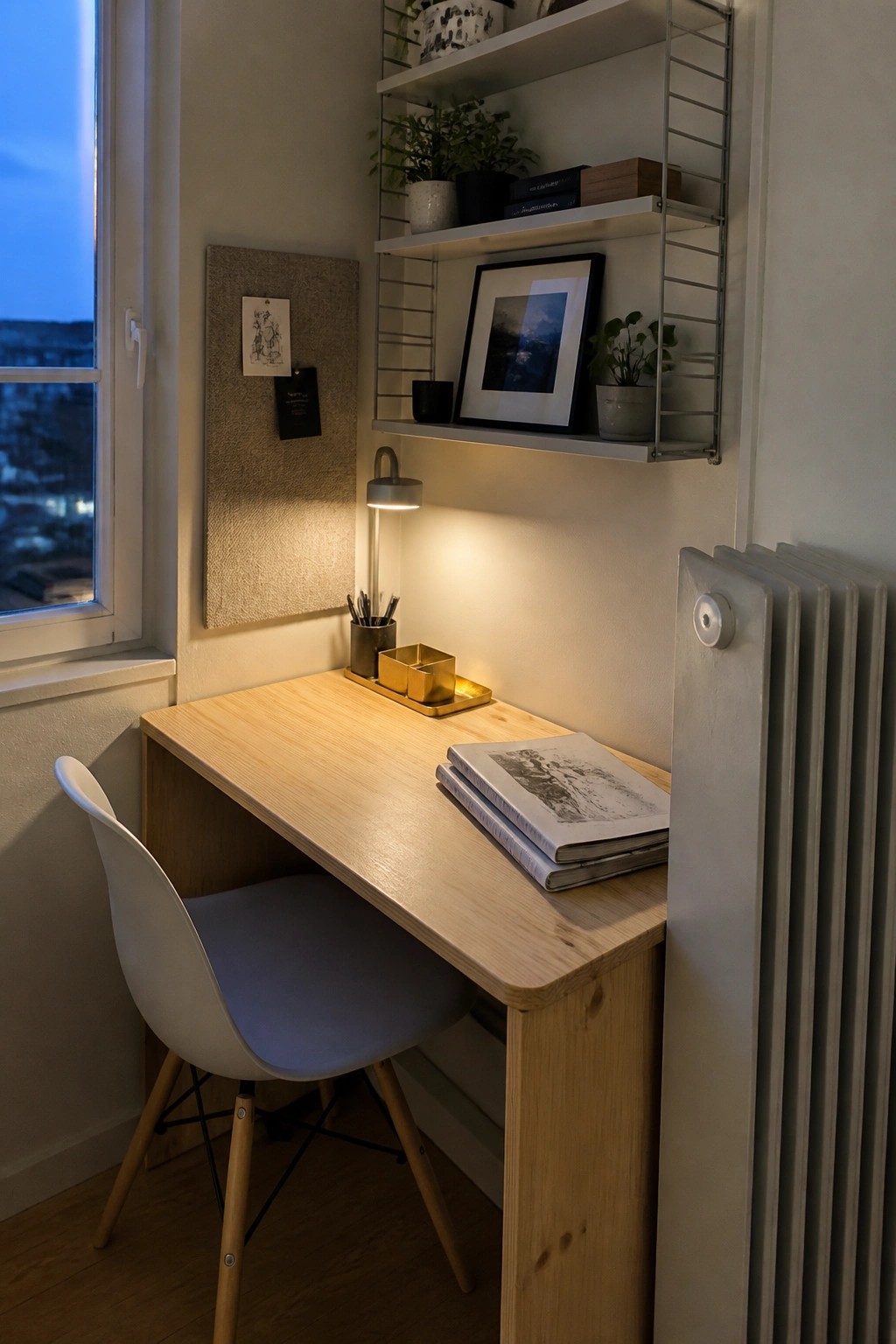Wooden desk with blue chair, lit lamp, books, corkboard, and plant shelves