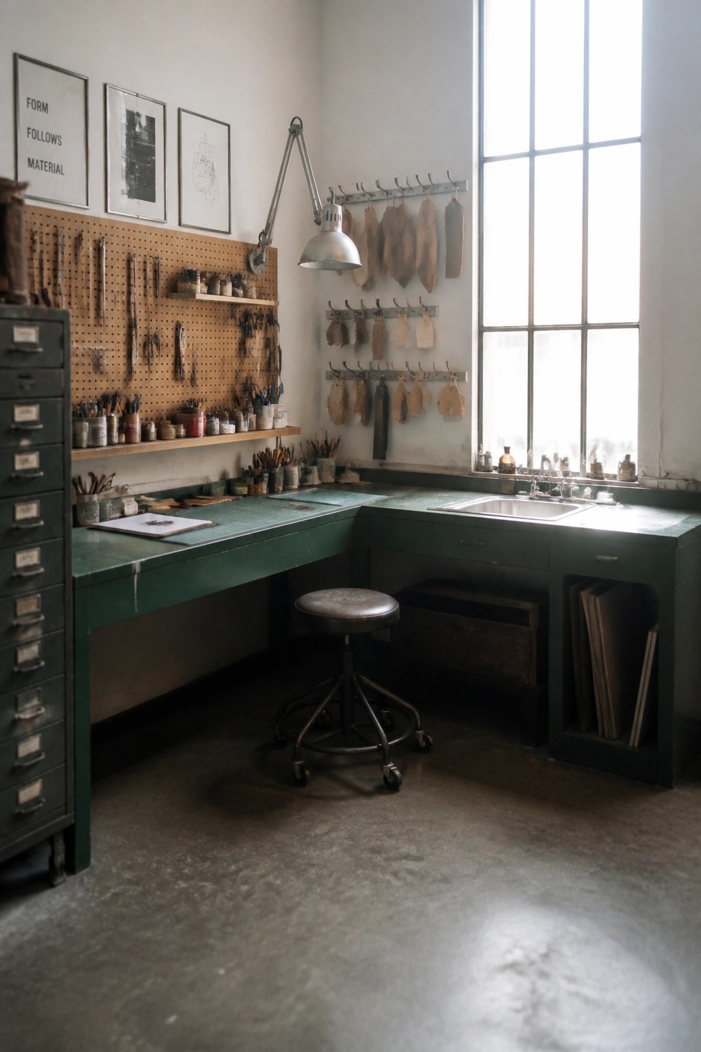 Green workbench in sunlit workshop with pegboard tools, stool, and large window