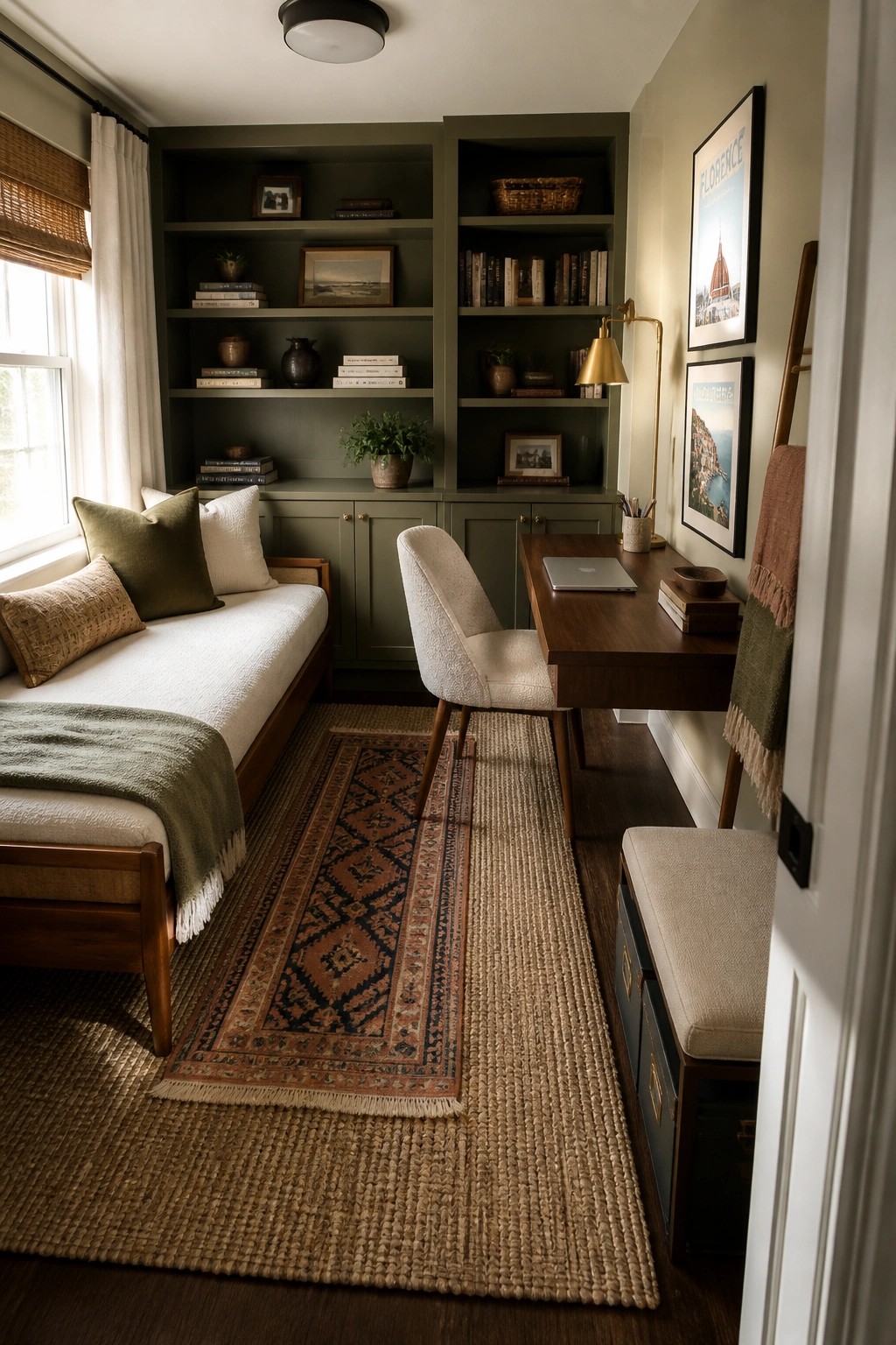Cozy home office with green built-in shelves, wooden desk, daybed, and patterned rugs.