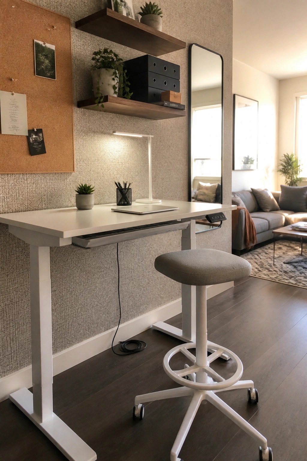 A white height-adjustable desk with a rolling stool in a home office setting next to a textured wall with floating shelves and a corkboard.