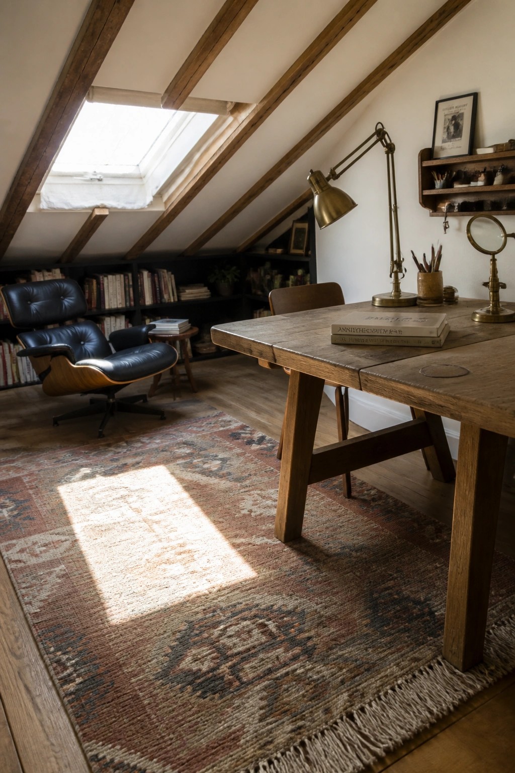 Sunlit attic office with wooden desk, brass lamp, patterned rug, and leather chair