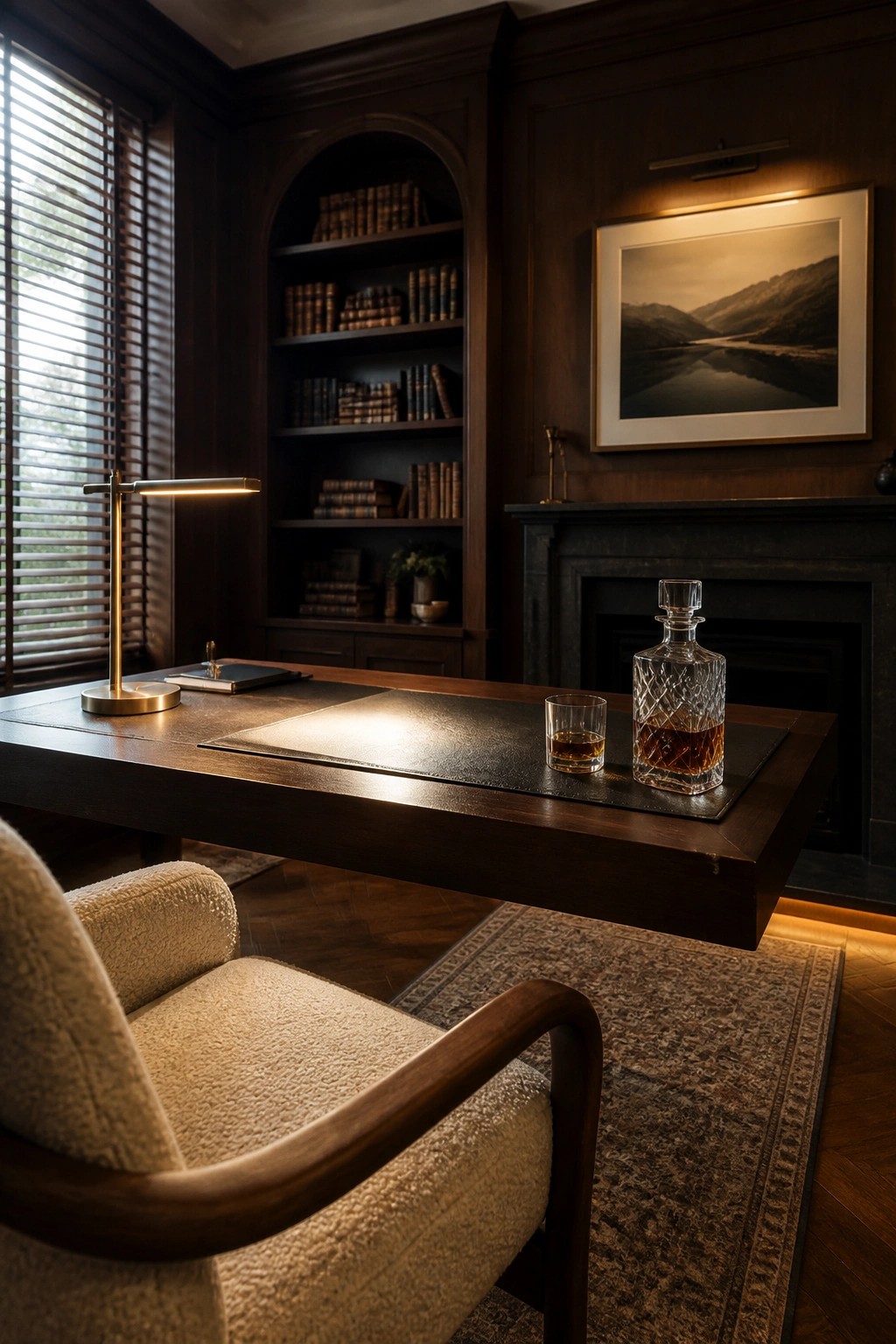 A dark wood home office with a large desk, upholstered chair, built-in arched bookshelves filled with books, and a fireplace.