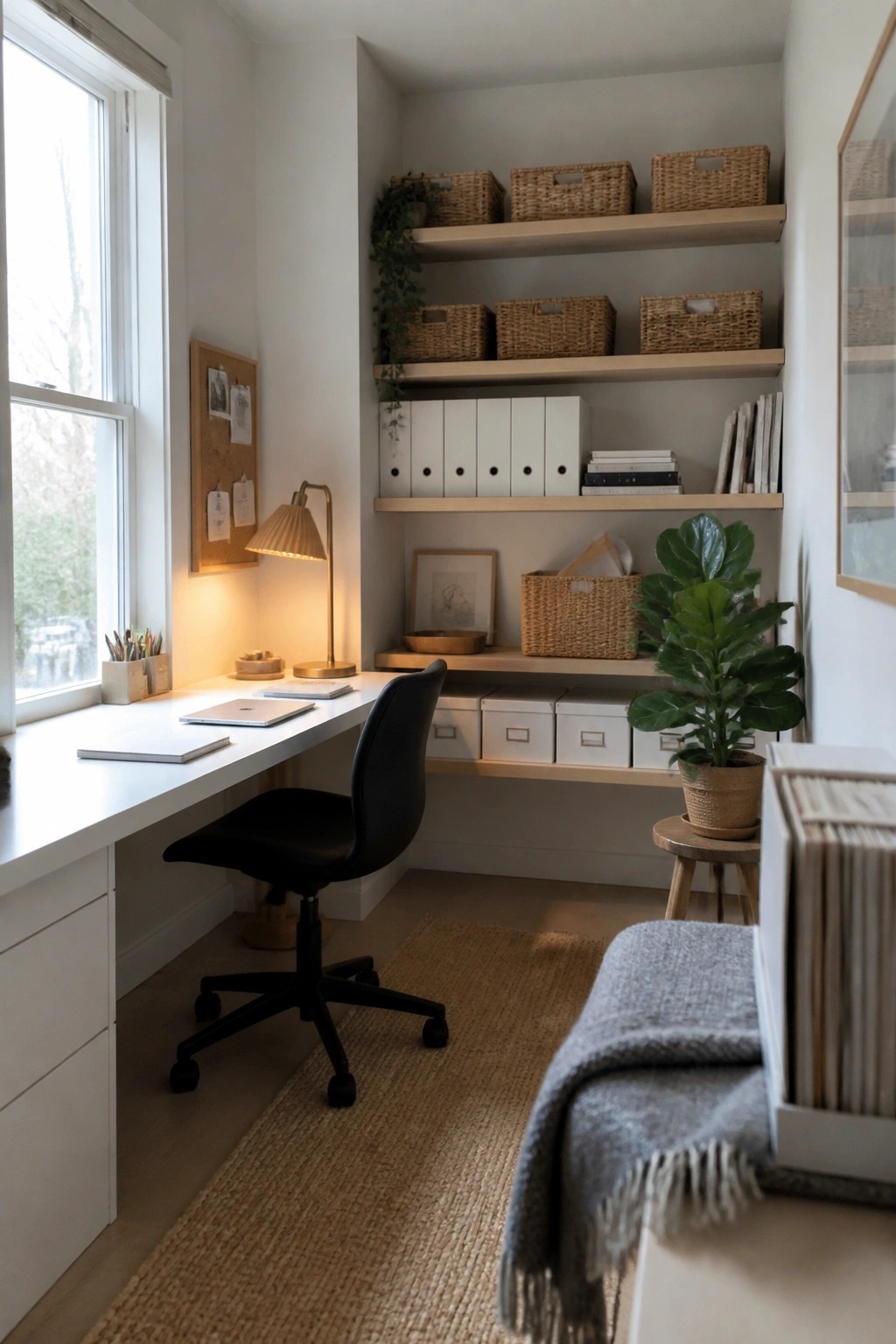 A home office with a white desk, black chair, and light wood built-in shelves holding woven baskets, white storage bins, books, and a potted plant.
