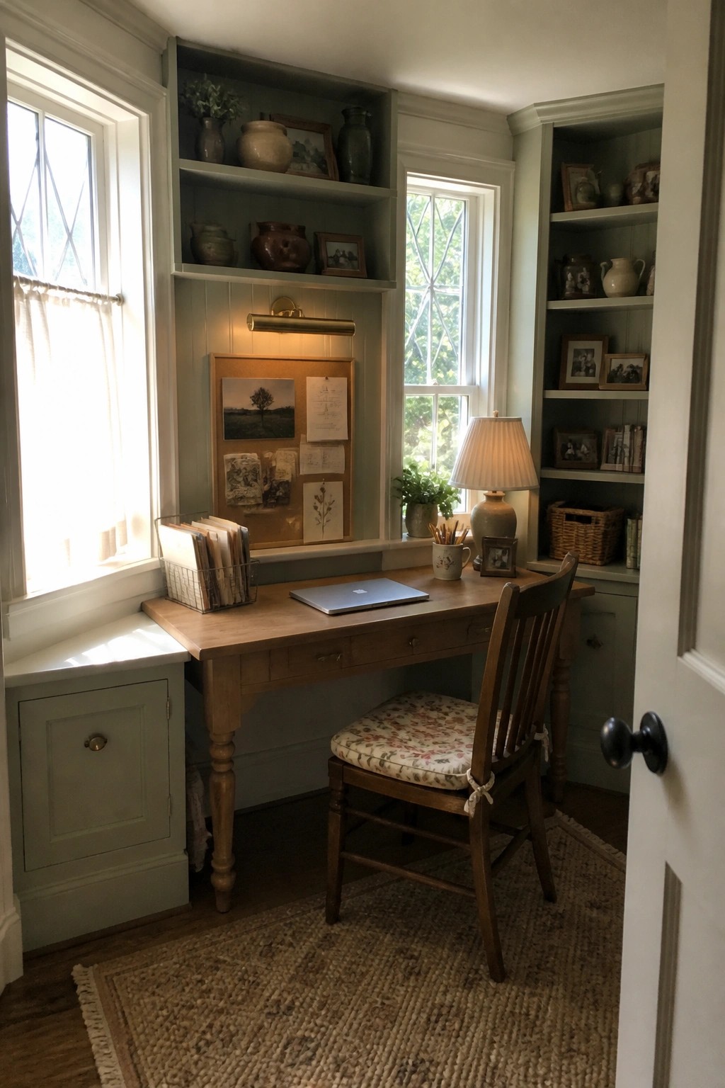 Cozy wooden desk with laptop, chair, and shelves between sunlit windows.