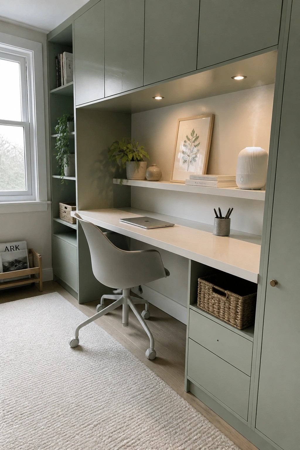 A home office features sage green built-in cabinets and desk with a white office chair, laptop, plants, and decor items arranged on shelves and countertop.