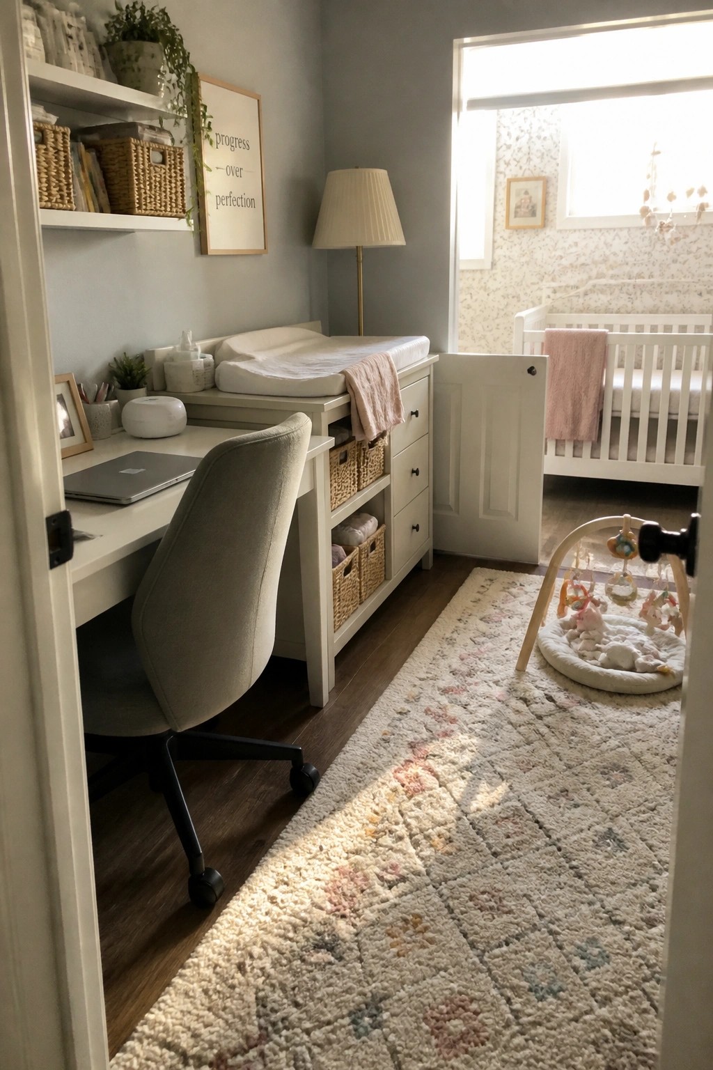 Nursery with white crib, changing table desk, gray chair, and patterned rug.