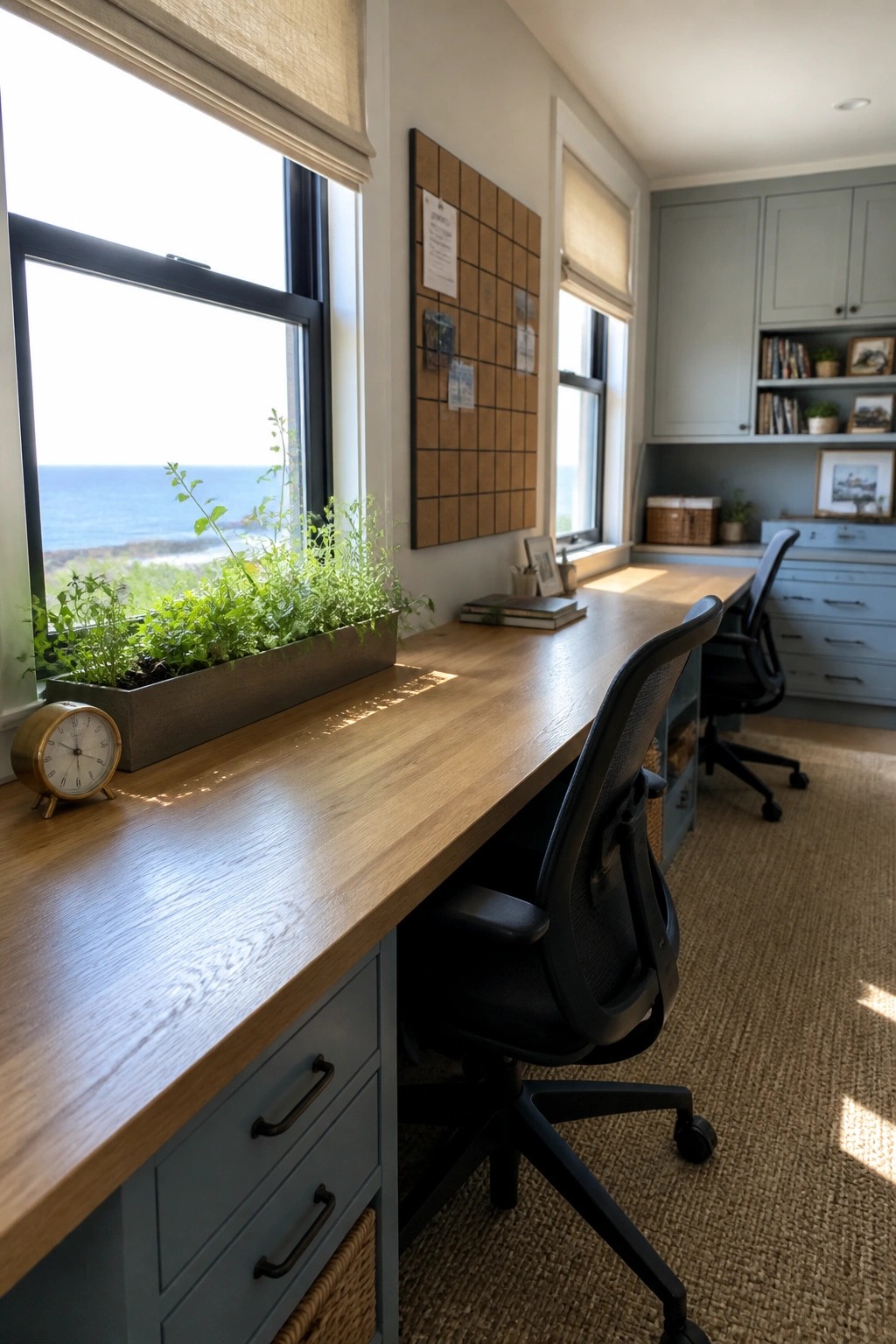 A long wooden desk runs beneath large windows with an ocean view in a home office with blue-gray built-in cabinets and a black office chair.
