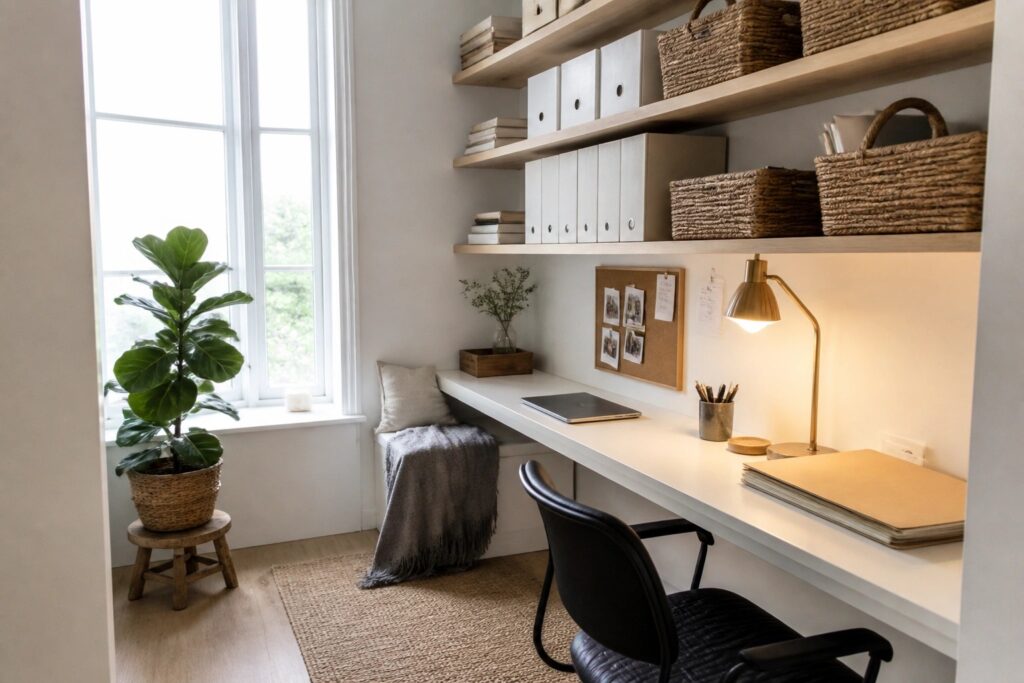 A home office with a white desk, black chair, and light wood built-in shelves holding woven baskets, white storage bins, books, and a potted plant.